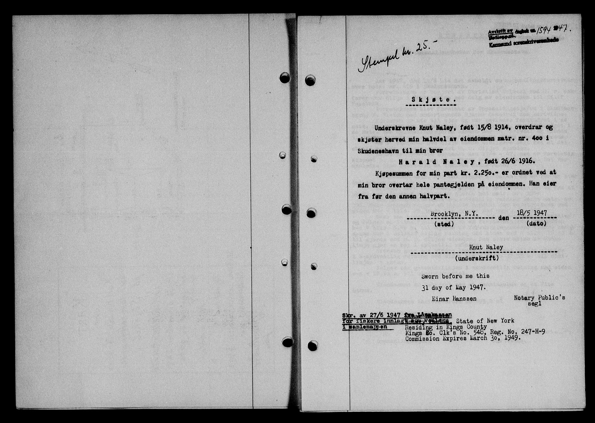 Karmsund sorenskriveri, SAST/A-100311/01/II/IIB/L0090: Mortgage book no. 70A, 1947-1947, Diary no: : 1594/1947