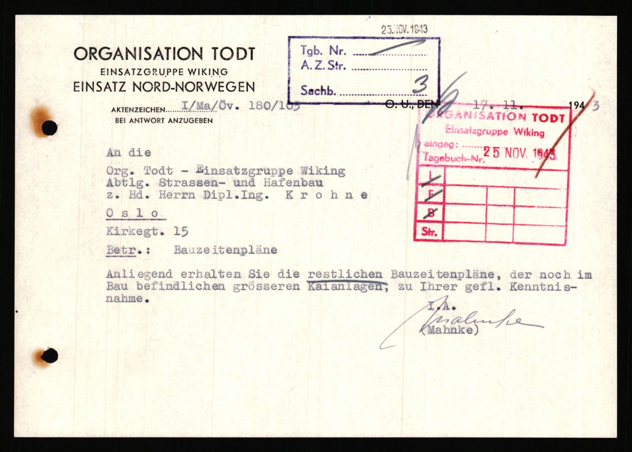 Tyske arkiver, Organisation Todt (OT), Einsatzgruppe Wiking, AV/RA-RAFA-2188/1/E/E6/E6a/L0008: 4. Oberbauleitung Narvik: Arkivkode 451-483, 1940-1945, p. 85