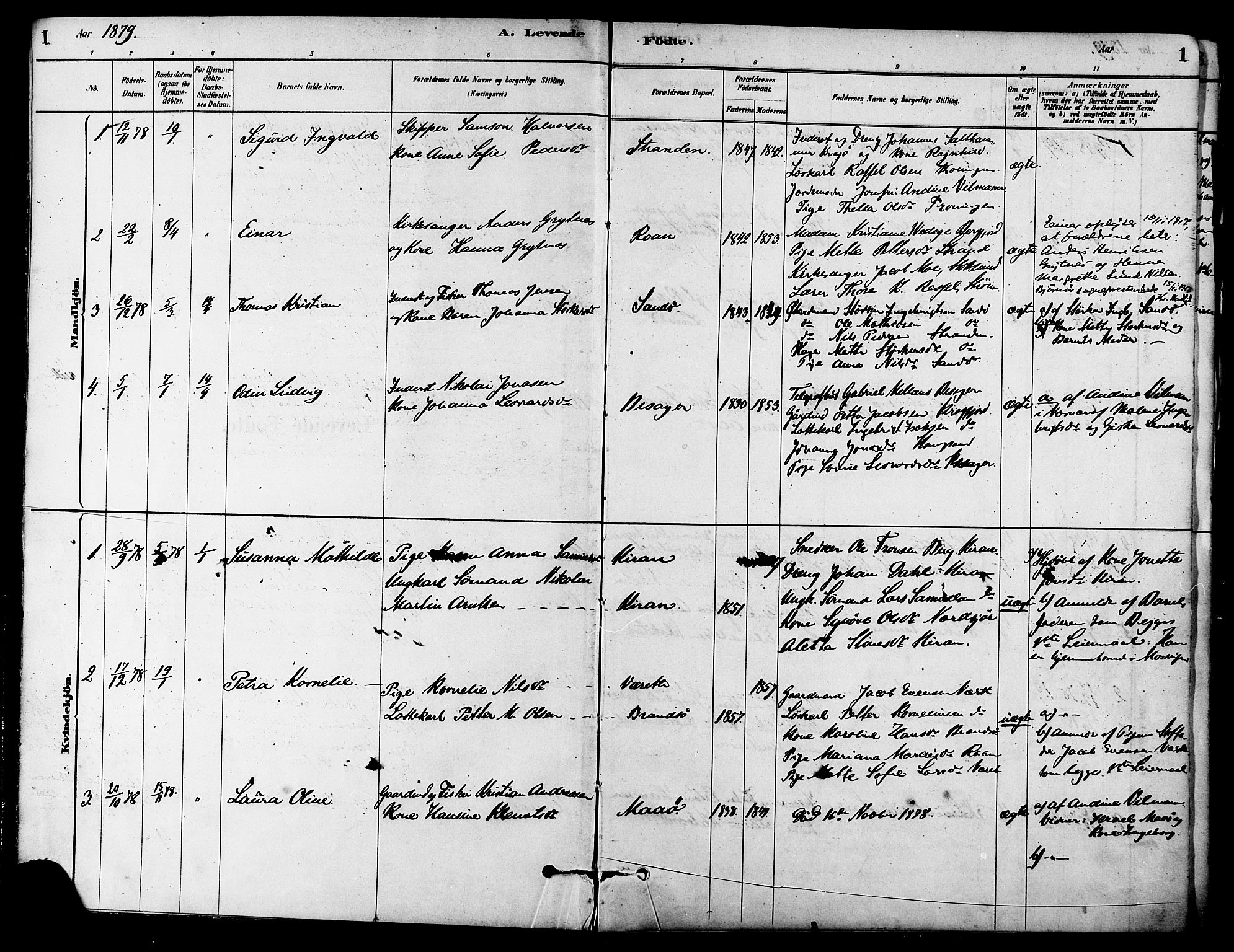 Ministerialprotokoller, klokkerbøker og fødselsregistre - Sør-Trøndelag, SAT/A-1456/657/L0707: Parish register (official) no. 657A08, 1879-1893, p. 1