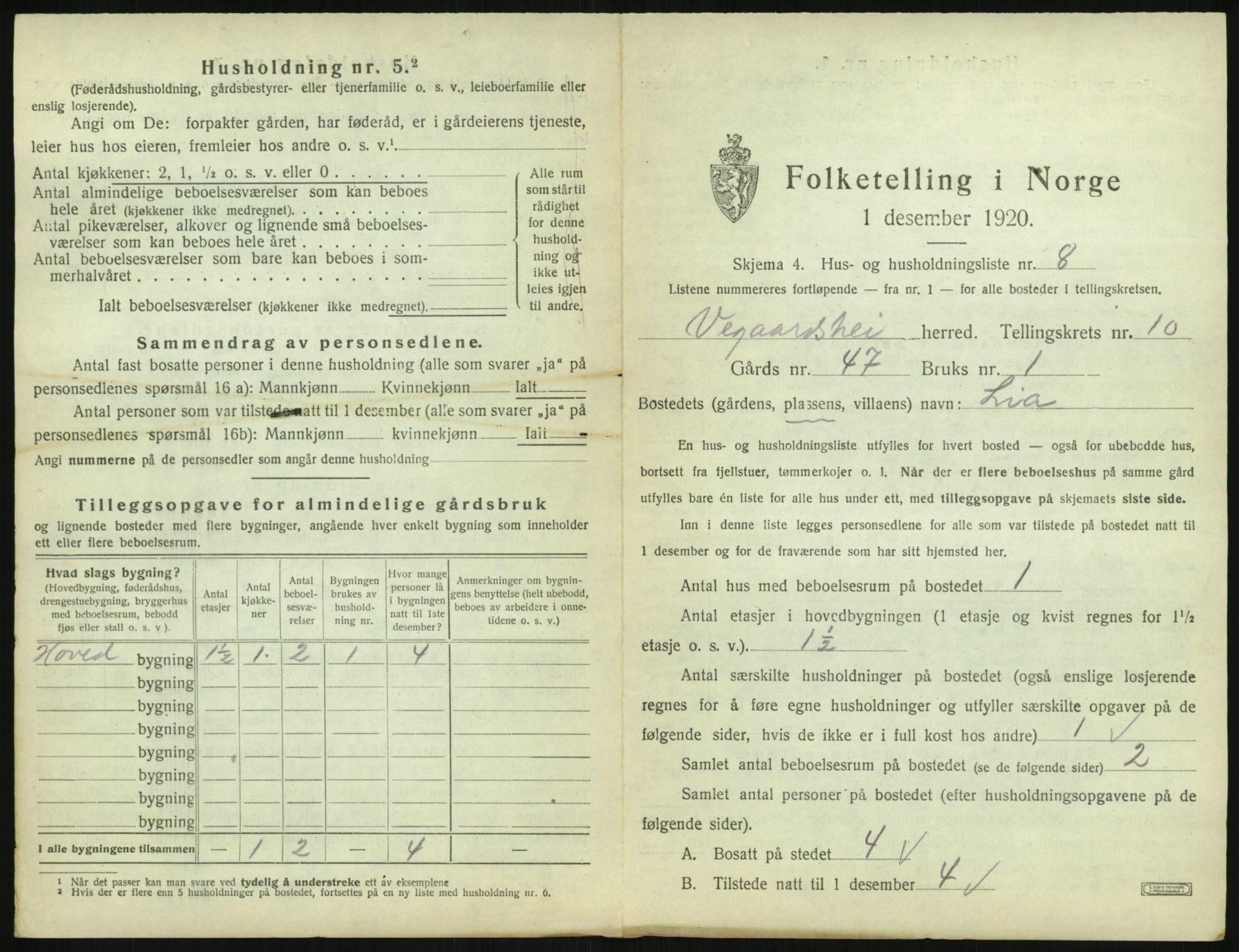 SAK, 1920 census for Vegårshei, 1920, p. 524