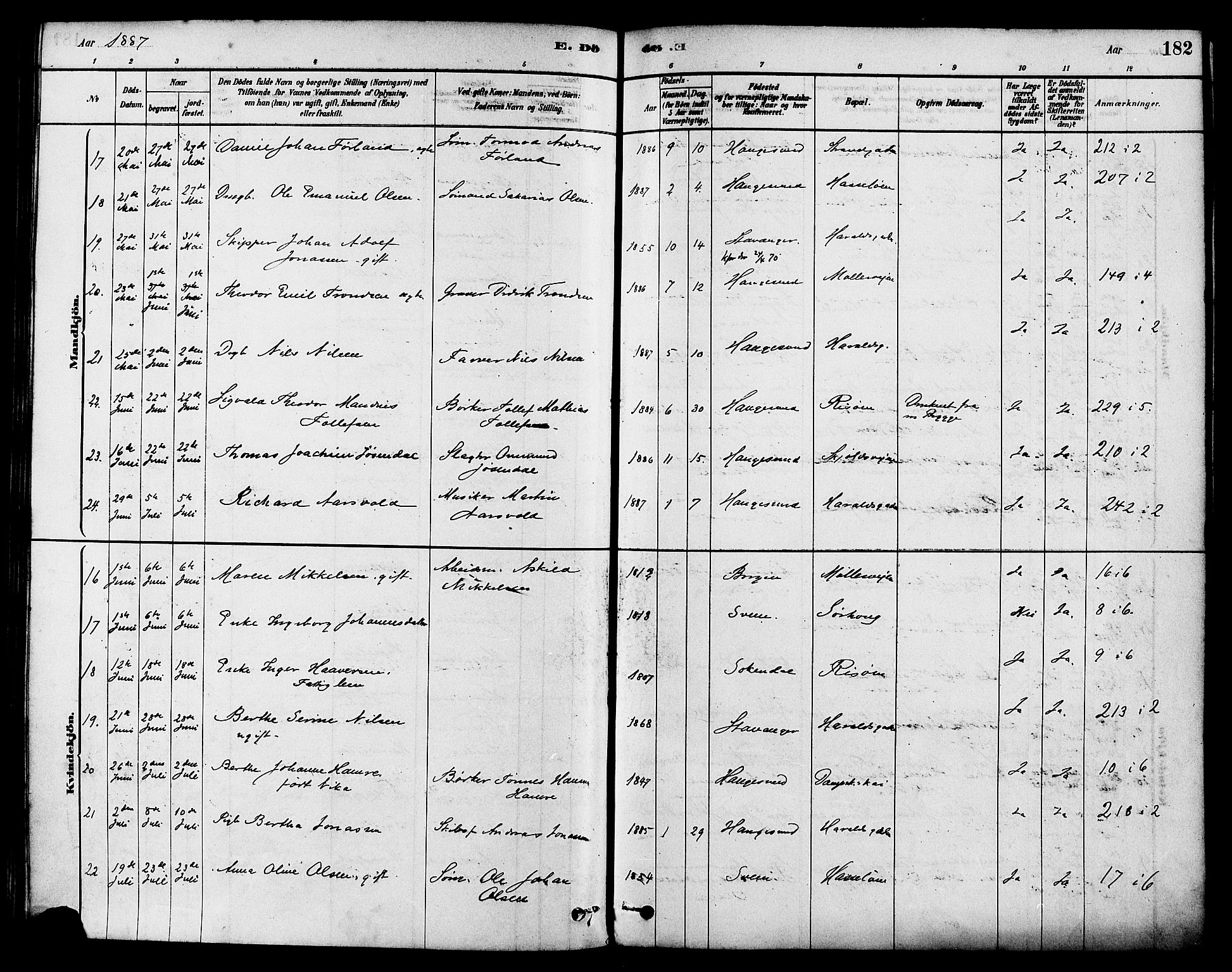 Haugesund sokneprestkontor, SAST/A -101863/H/Ha/Haa/L0003: Parish register (official) no. A 3, 1885-1890, p. 182