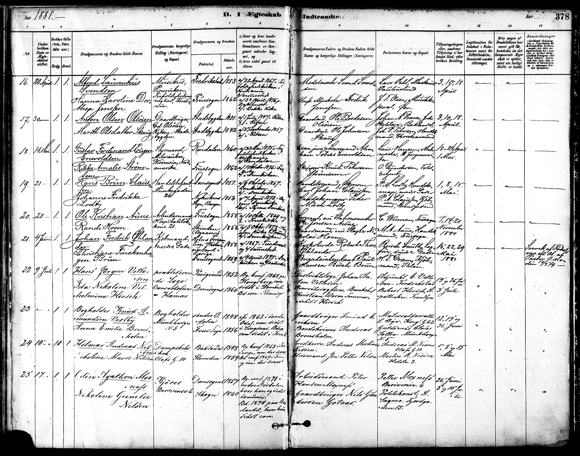 Ministerialprotokoller, klokkerbøker og fødselsregistre - Sør-Trøndelag, AV/SAT-A-1456/601/L0058: Parish register (official) no. 601A26, 1877-1891, p. 378