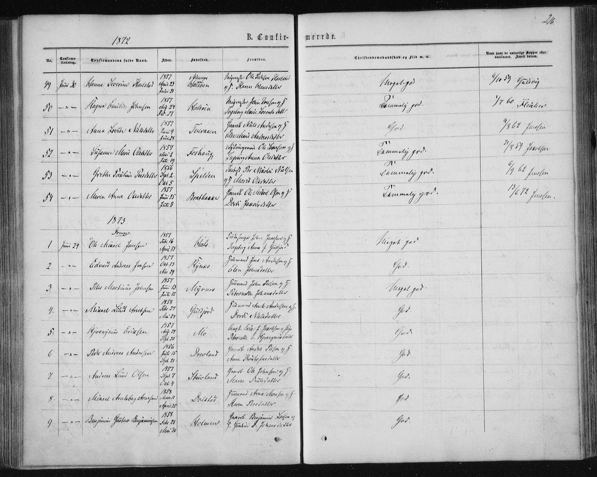 Ministerialprotokoller, klokkerbøker og fødselsregistre - Nordland, SAT/A-1459/820/L0294: Parish register (official) no. 820A15, 1866-1879, p. 216