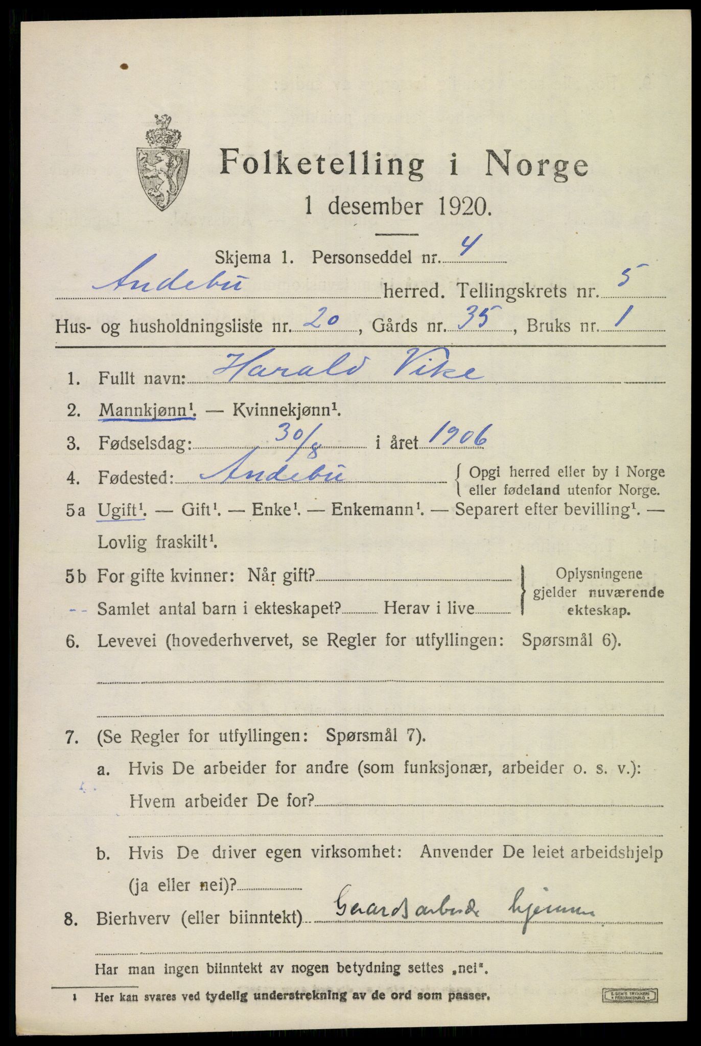 SAKO, 1920 census for Andebu, 1920, p. 2836