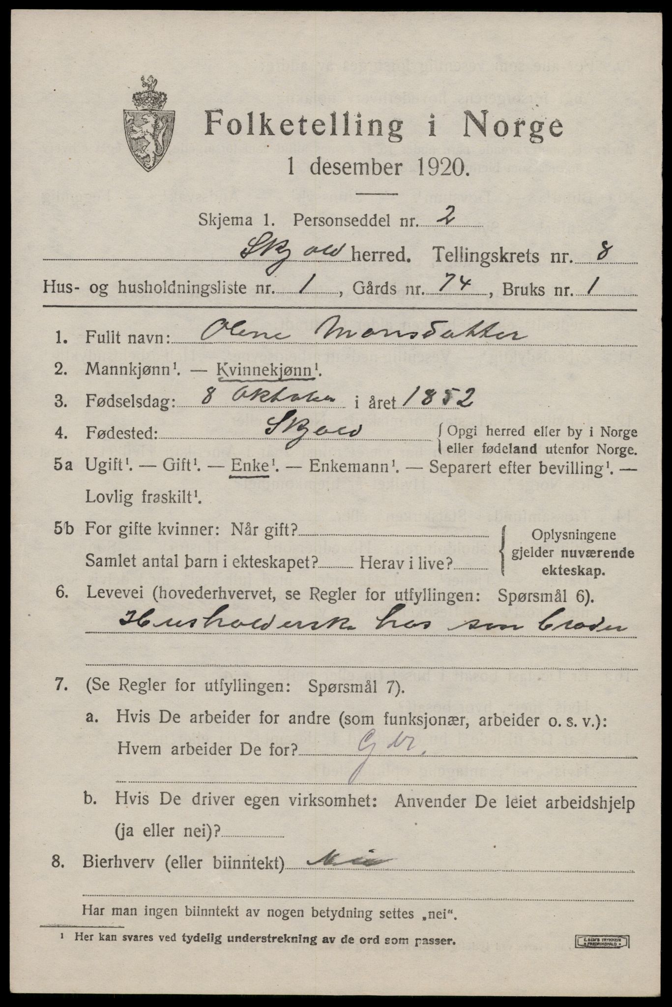 SAST, 1920 census for Skjold, 1920, p. 4186