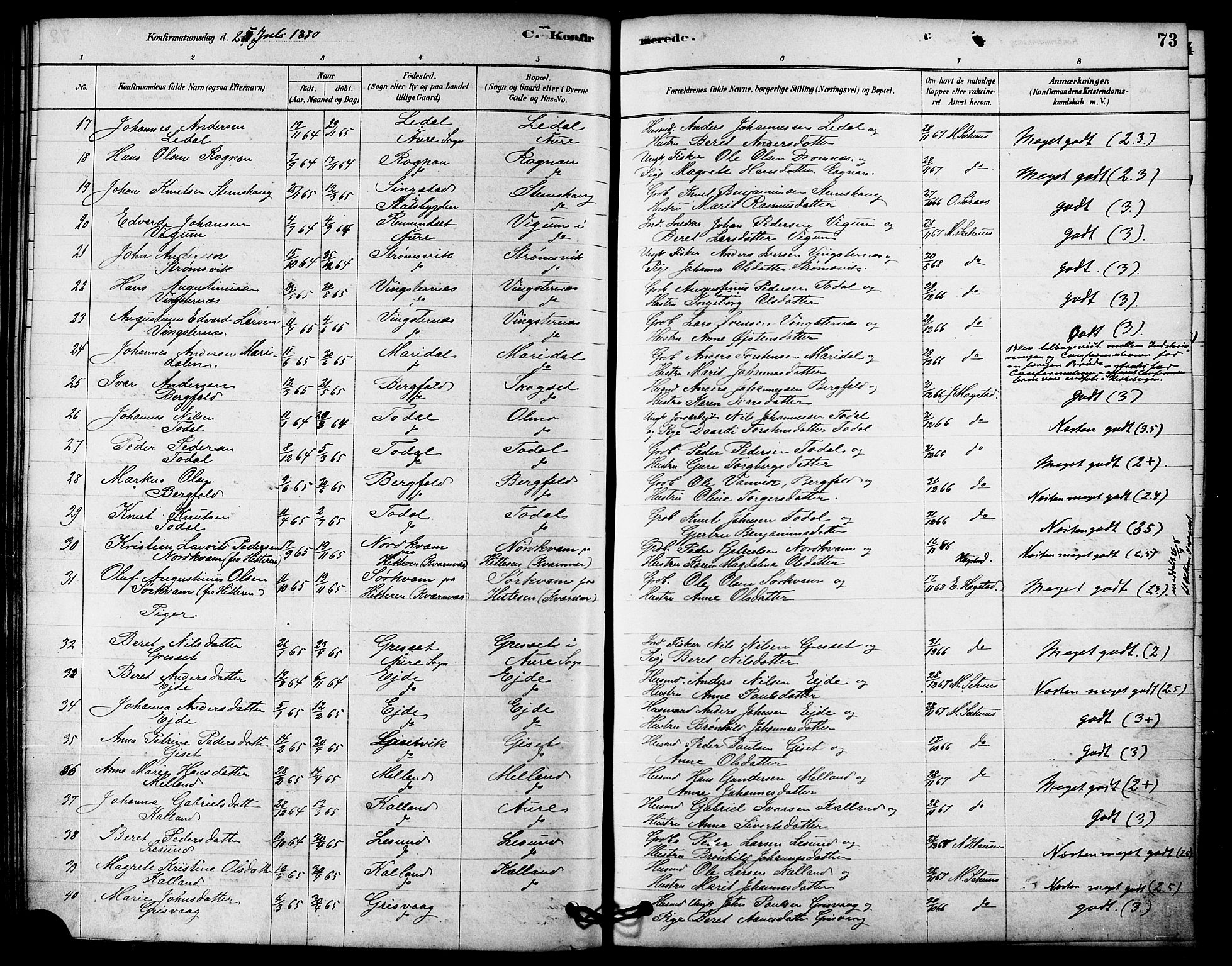 Ministerialprotokoller, klokkerbøker og fødselsregistre - Møre og Romsdal, SAT/A-1454/578/L0906: Parish register (official) no. 578A05, 1878-1886, p. 73