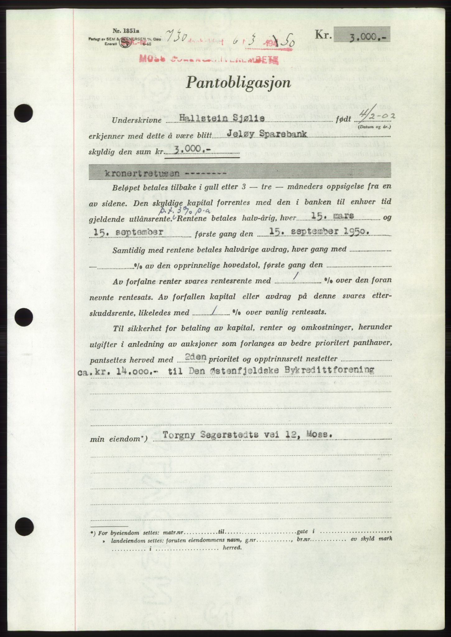 Moss sorenskriveri, SAO/A-10168: Mortgage book no. B23, 1949-1950, Diary no: : 730/1950