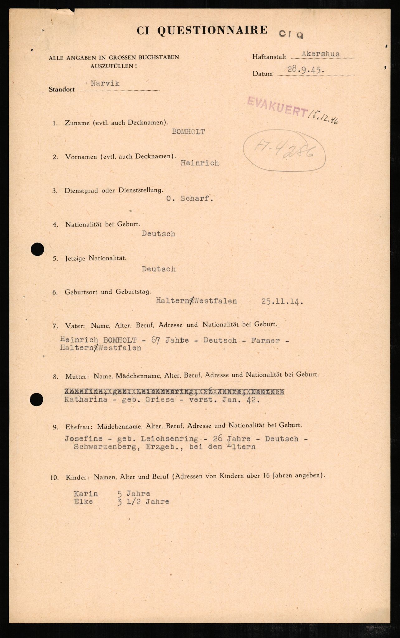 Forsvaret, Forsvarets overkommando II, RA/RAFA-3915/D/Db/L0003: CI Questionaires. Tyske okkupasjonsstyrker i Norge. Tyskere., 1945-1946, p. 577