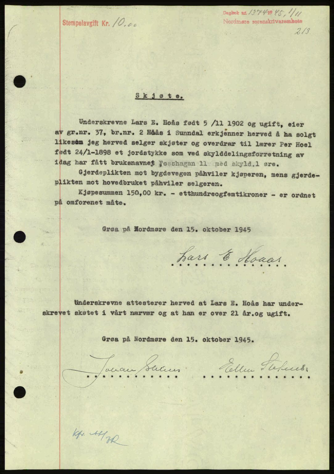 Nordmøre sorenskriveri, AV/SAT-A-4132/1/2/2Ca: Mortgage book no. A100a, 1945-1945, Diary no: : 1374/1945