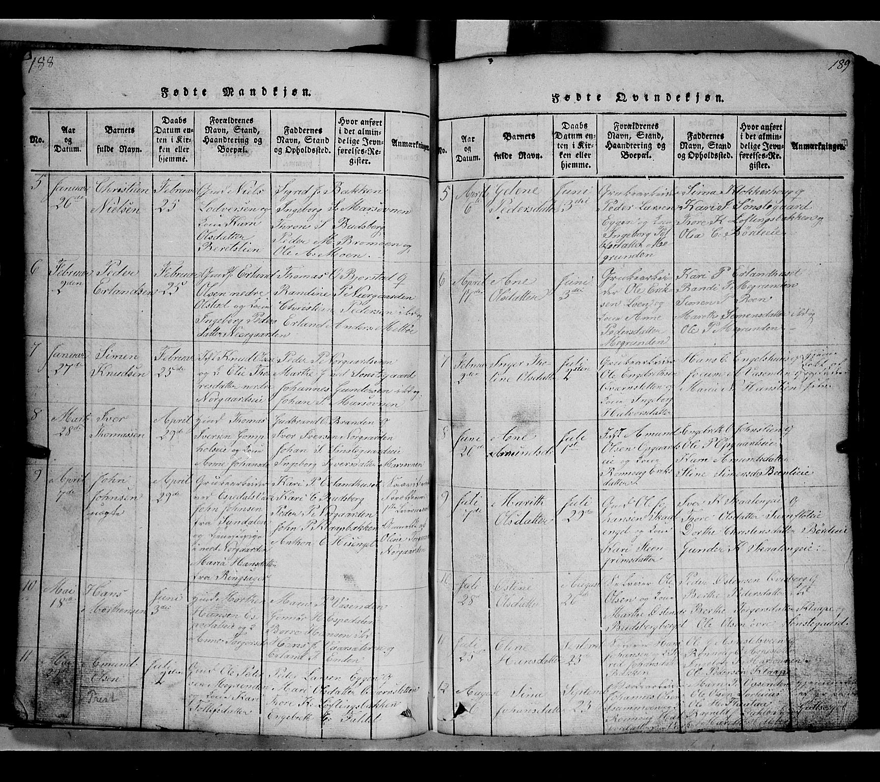 Gausdal prestekontor, SAH/PREST-090/H/Ha/Hab/L0002: Parish register (copy) no. 2, 1818-1874, p. 188-189