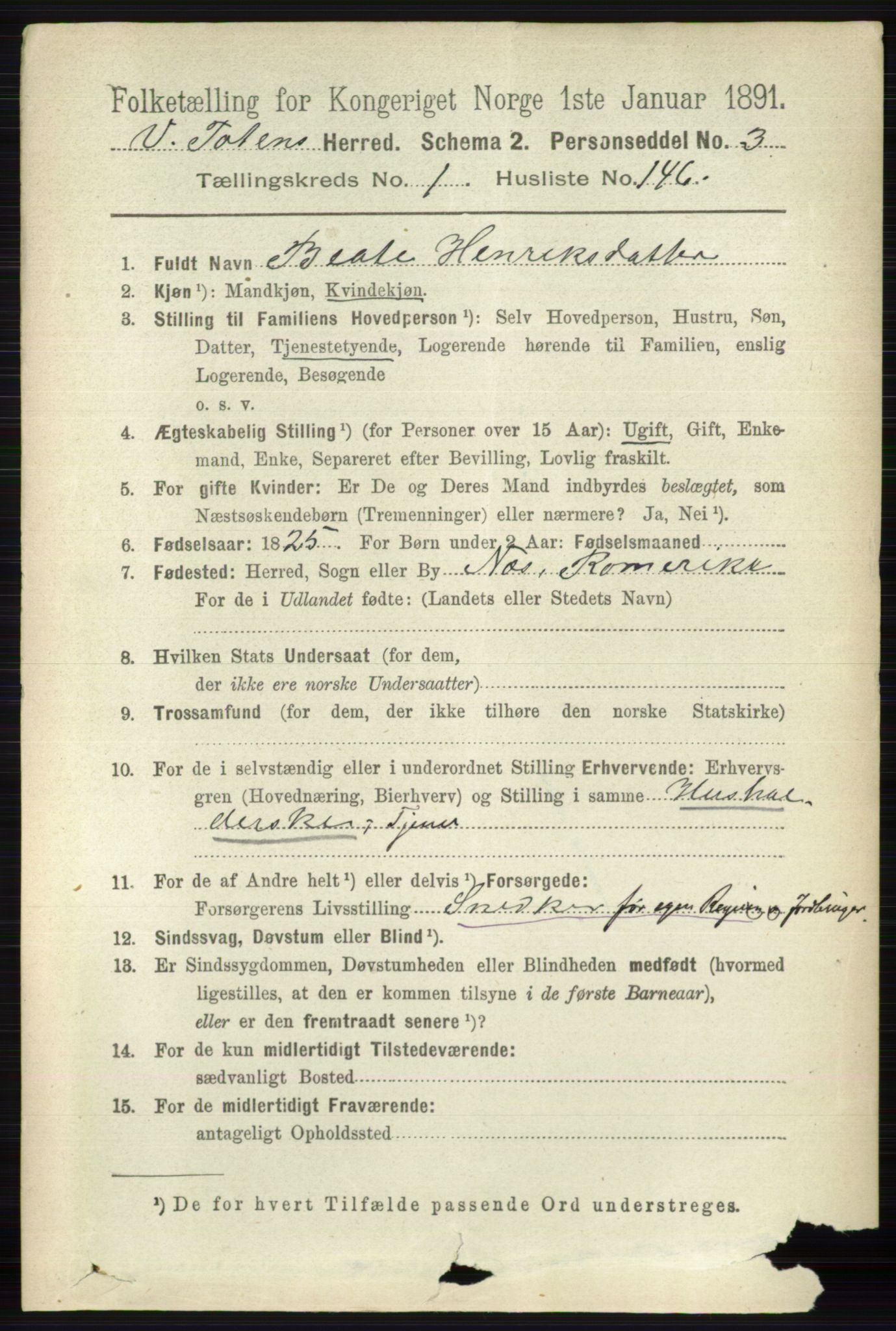 RA, 1891 census for 0529 Vestre Toten, 1891, p. 1296