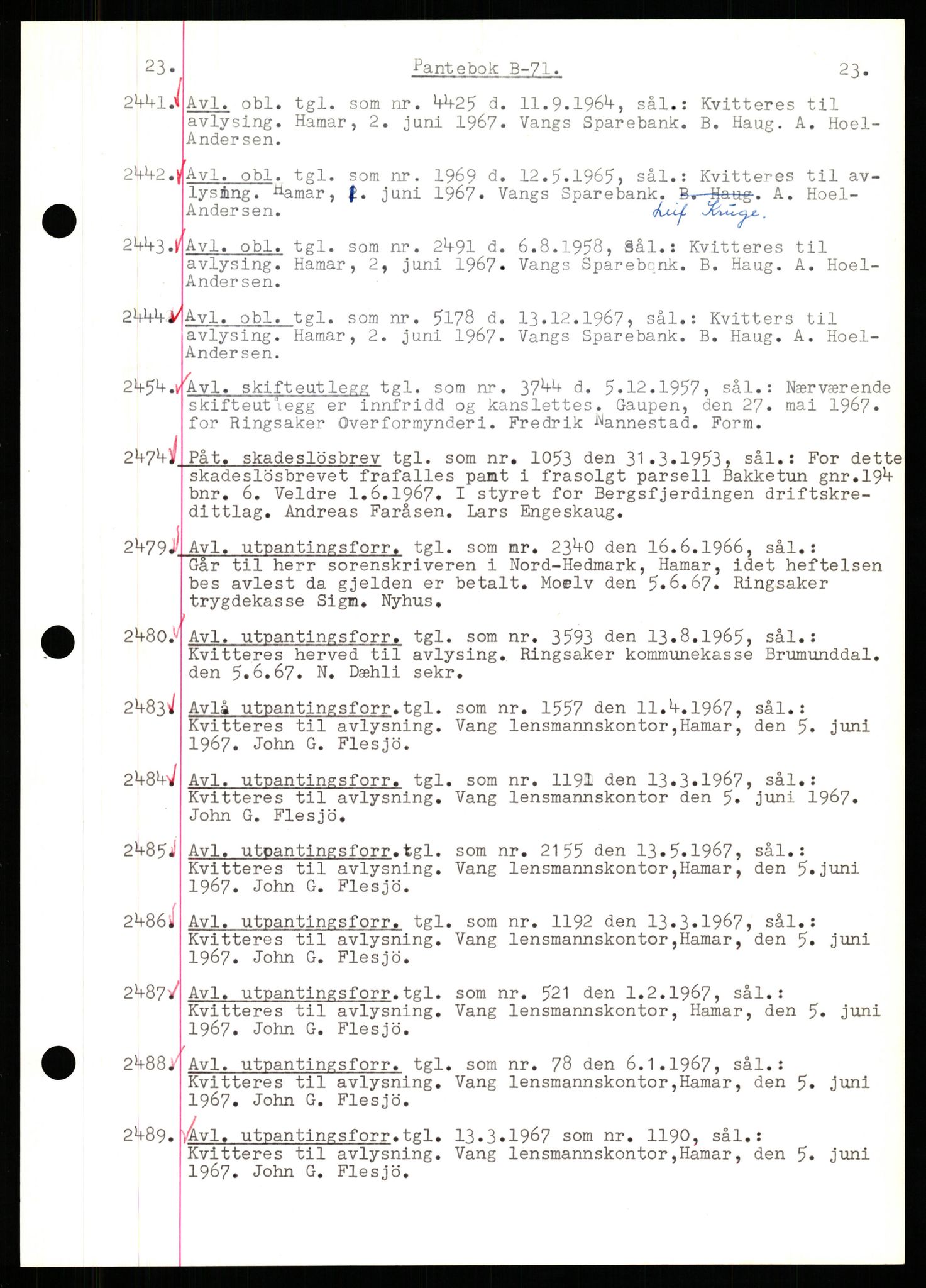 Nord-Hedmark sorenskriveri, SAH/TING-012/H/Hb/Hbf/L0071: Mortgage book no. B71, 1967-1967, Diary no: : 2441/1967