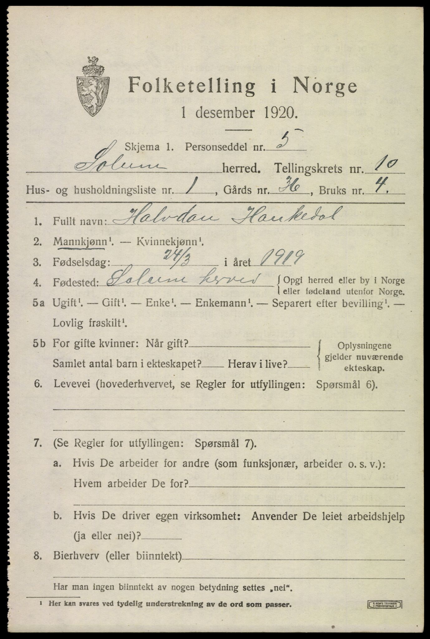 SAKO, 1920 census for Solum, 1920, p. 15344