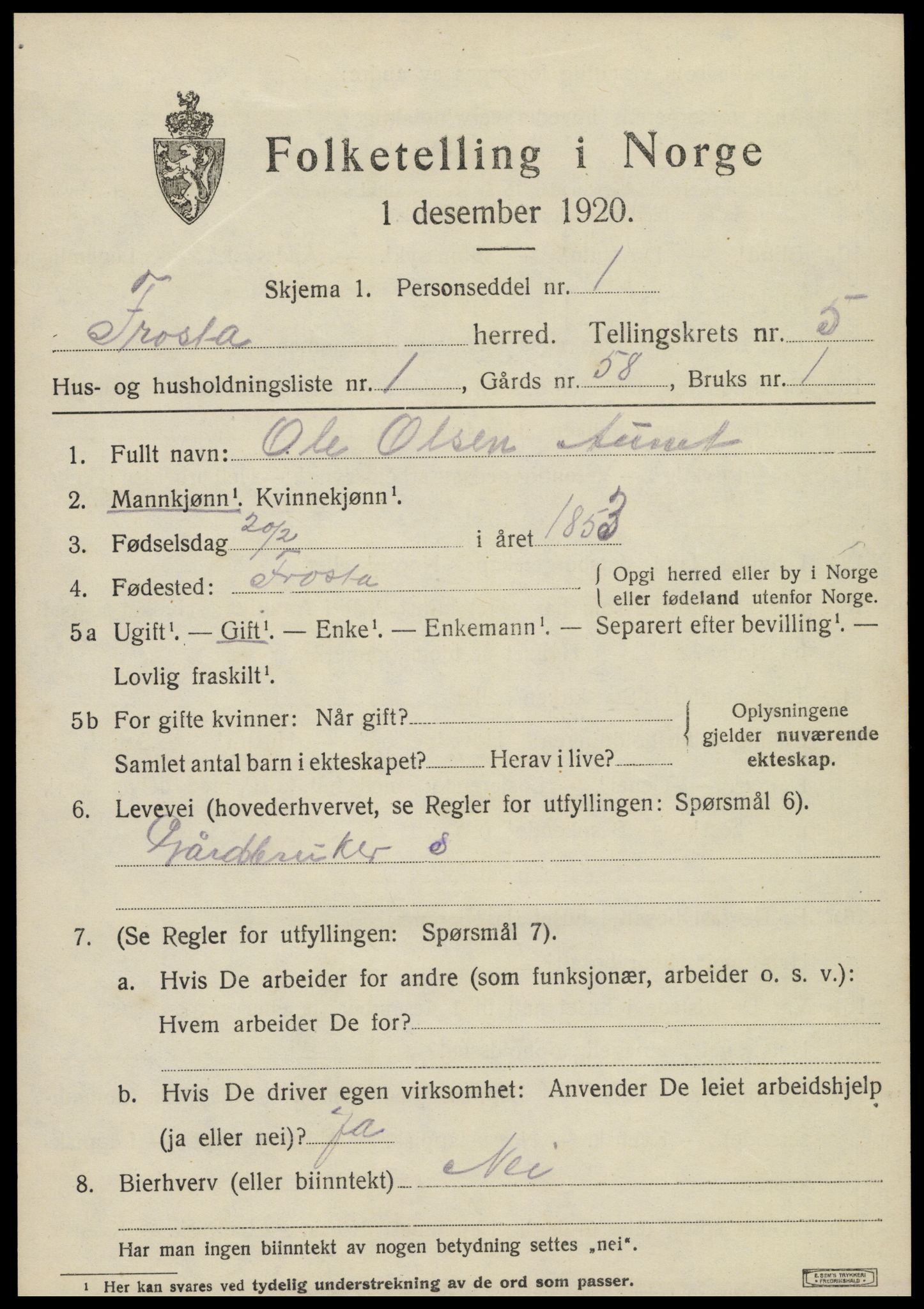 SAT, 1920 census for Frosta, 1920, p. 5836