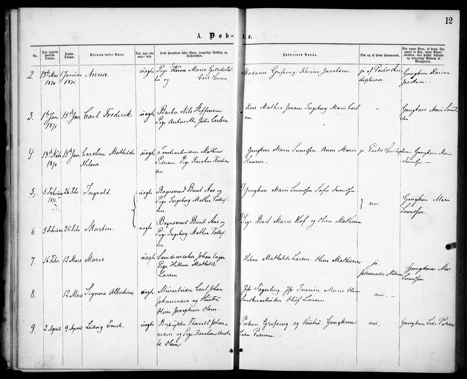 Krohgstøtten sykehusprest Kirkebøker, AV/SAO-A-10854/F/Fa/L0001: Parish register (official) no. 1, 1865-1873, p. 12