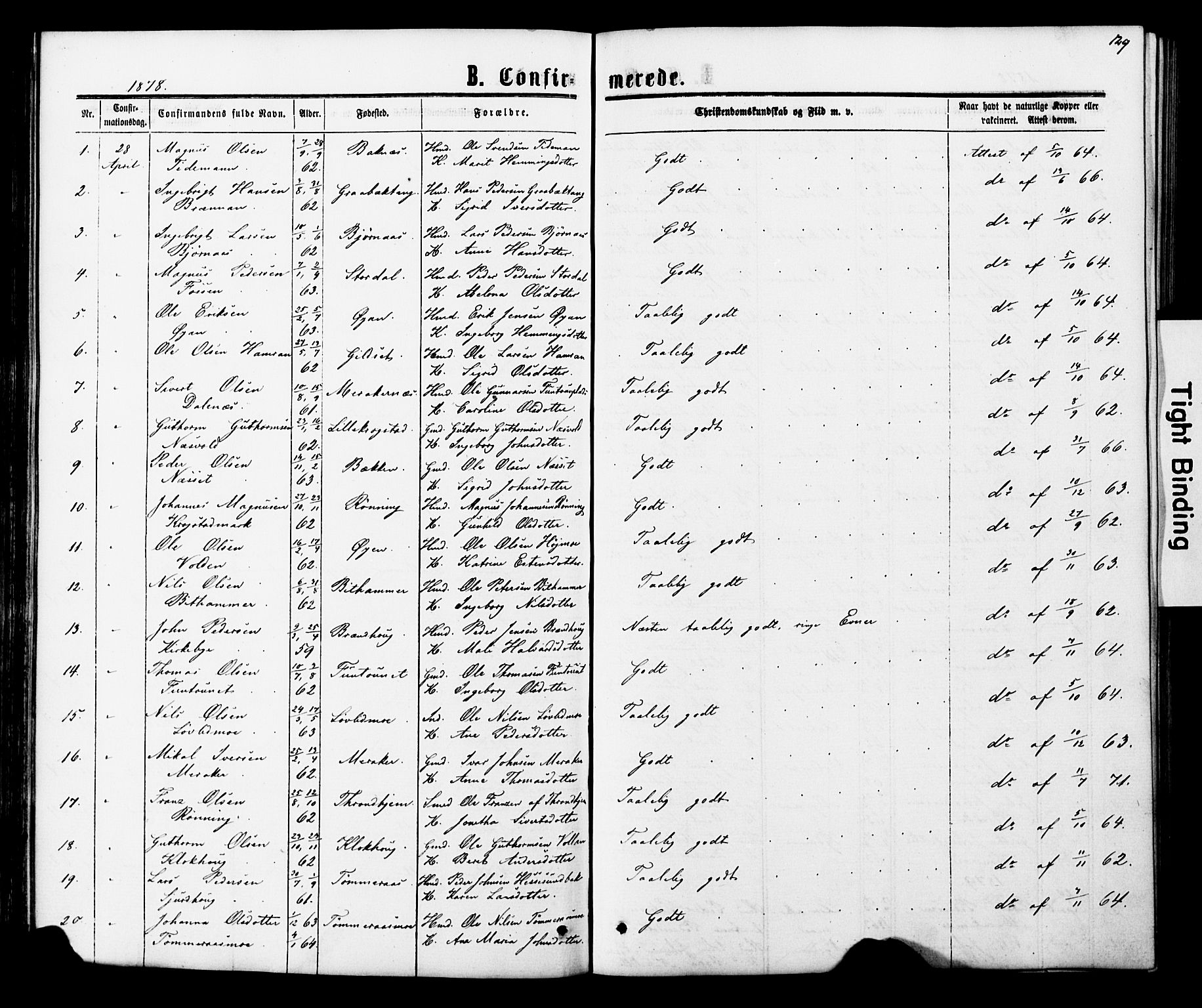 Ministerialprotokoller, klokkerbøker og fødselsregistre - Nord-Trøndelag, SAT/A-1458/706/L0049: Parish register (copy) no. 706C01, 1864-1895, p. 129