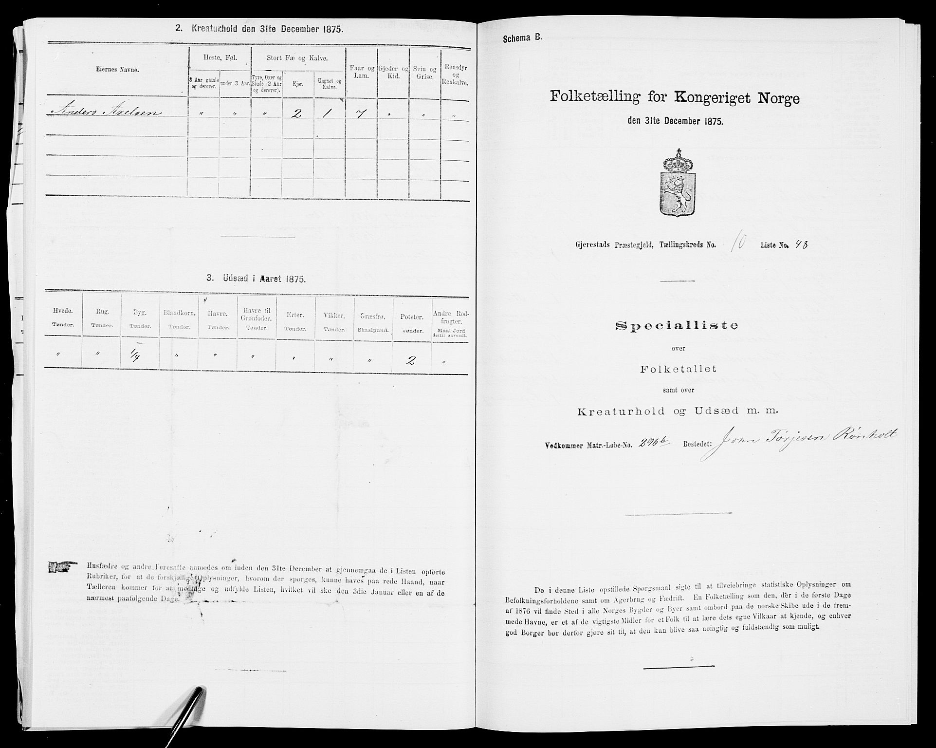 SAK, 1875 census for 0911P Gjerstad, 1875, p. 1115