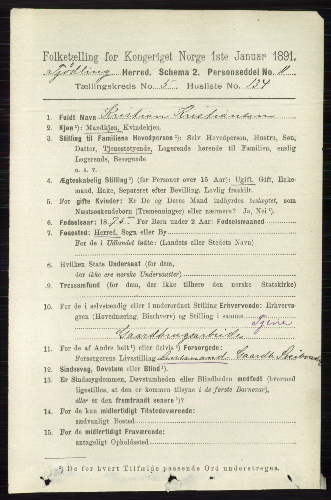 RA, 1891 census for 0725 Tjølling, 1891, p. 2798