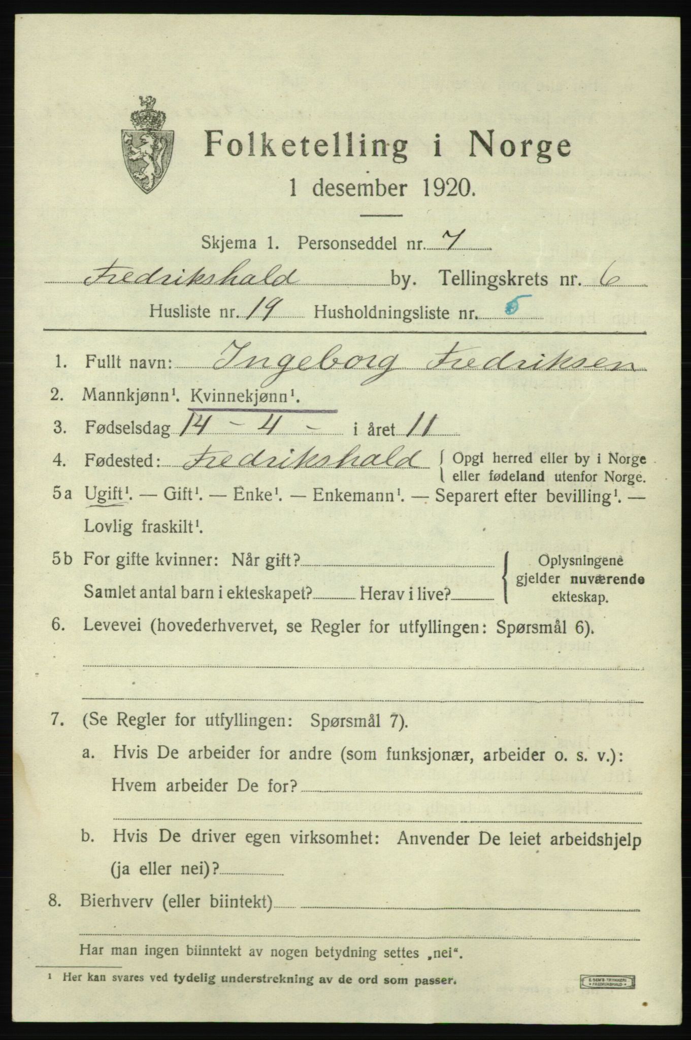 SAO, 1920 census for Fredrikshald, 1920, p. 13436