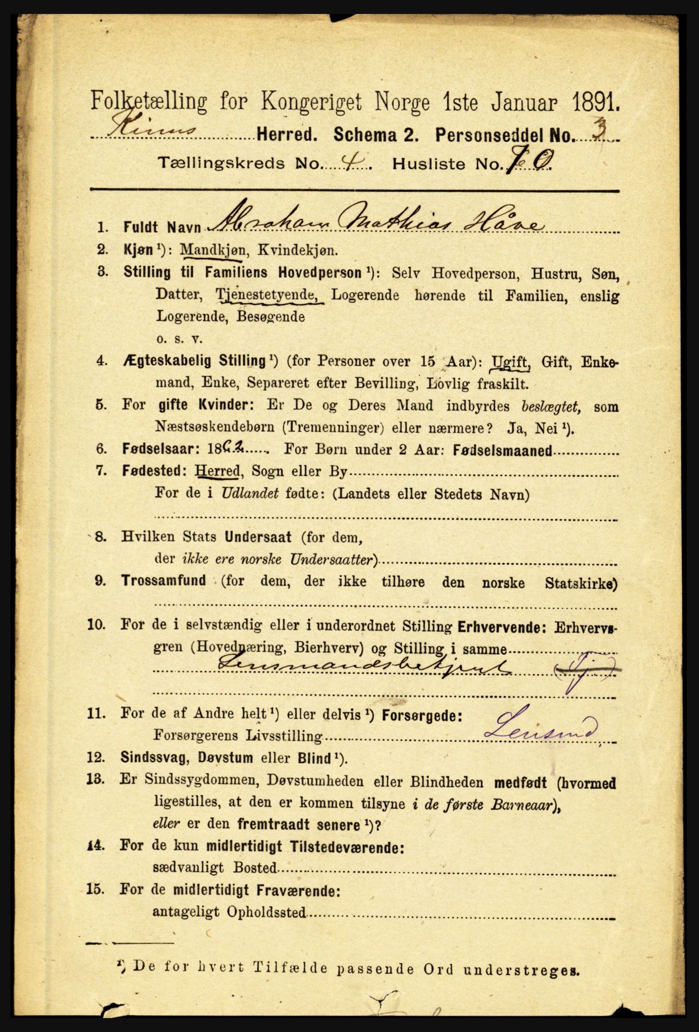 RA, 1891 census for 1437 Kinn, 1891, p. 1734