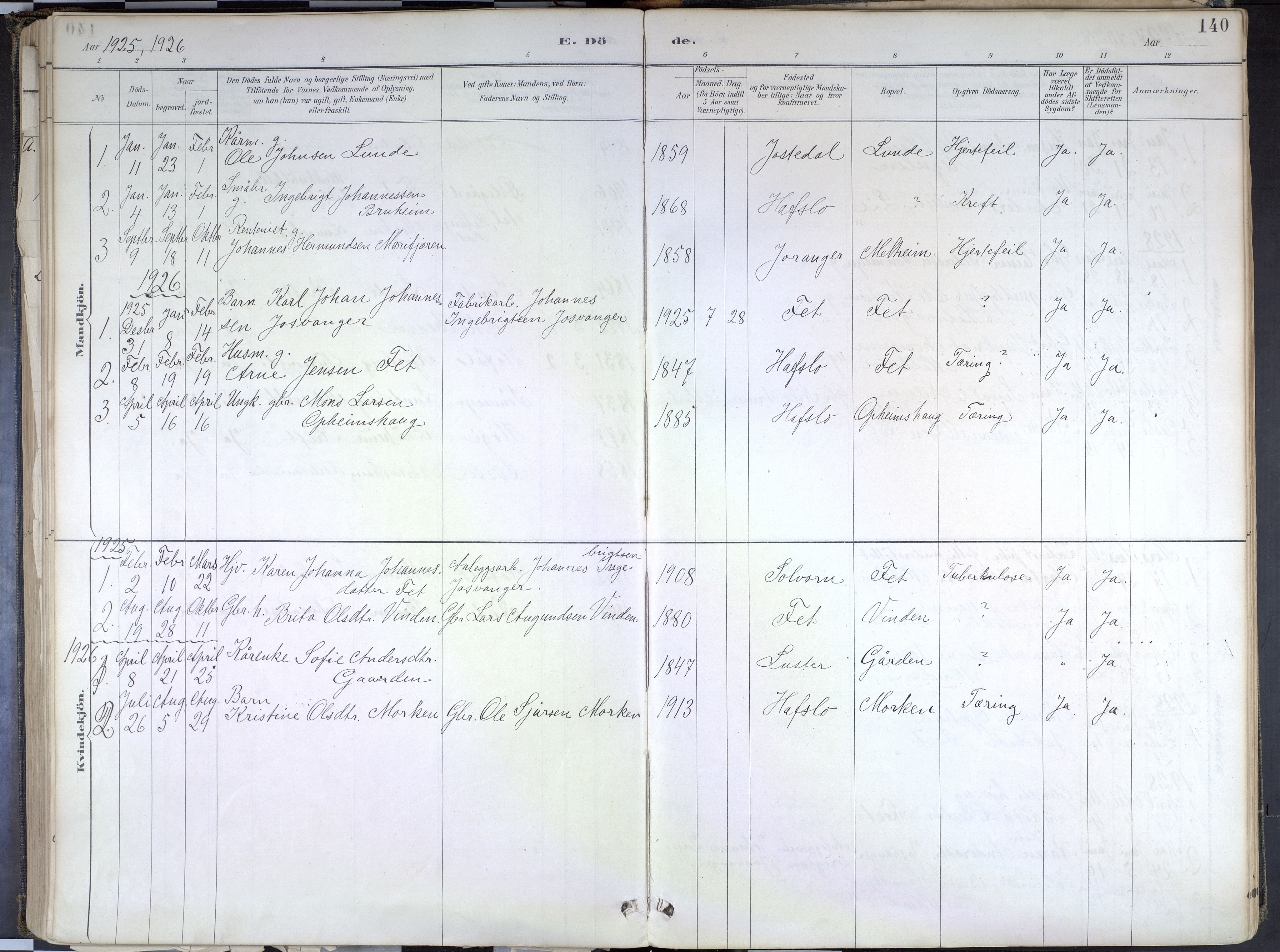 Hafslo sokneprestembete, SAB/A-80301/H/Haa/Haad/L0001: Parish register (official) no. D 1, 1886-1934, p. 140