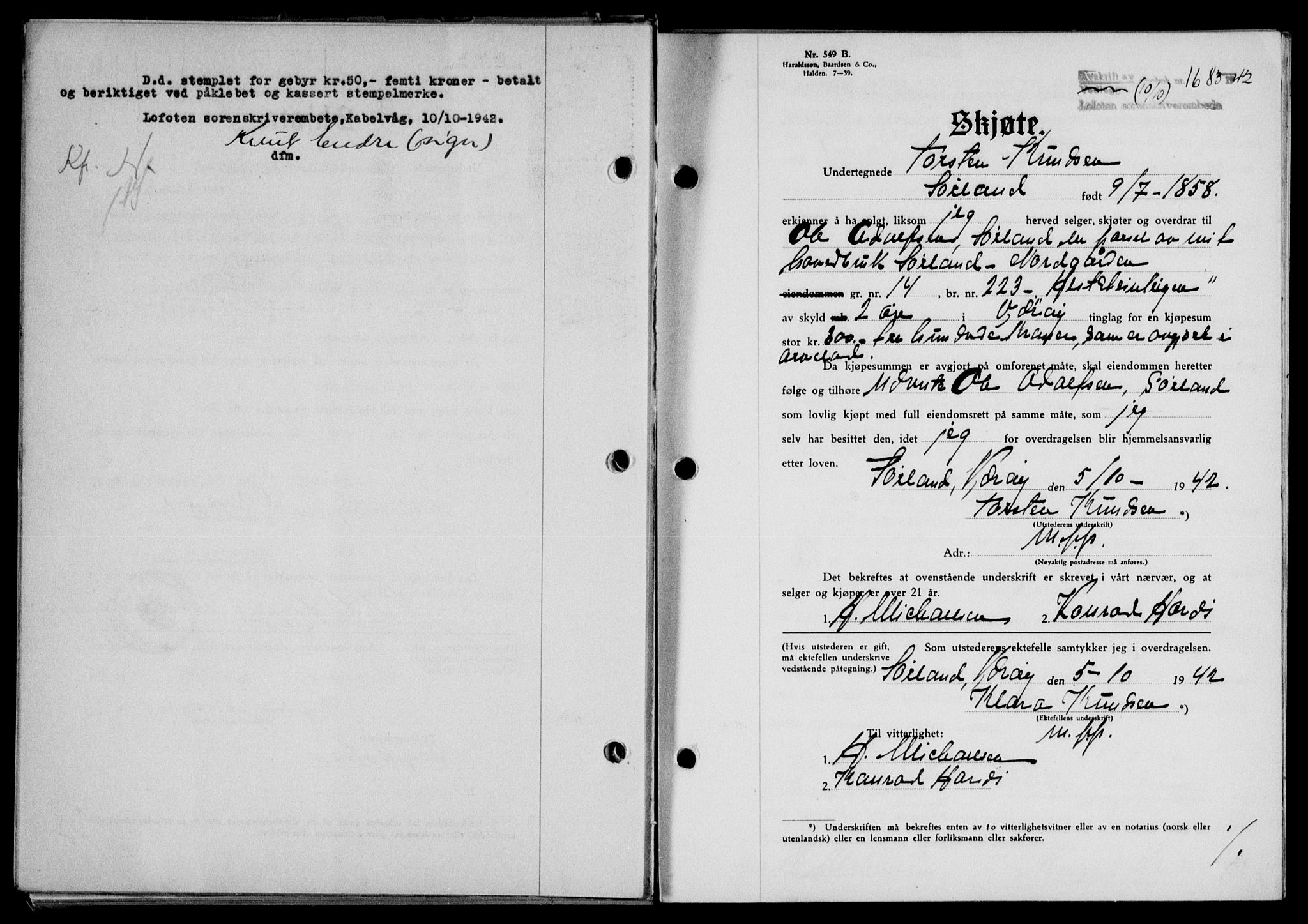 Lofoten sorenskriveri, SAT/A-0017/1/2/2C/L0010a: Mortgage book no. 10a, 1942-1943, Diary no: : 1683/1942