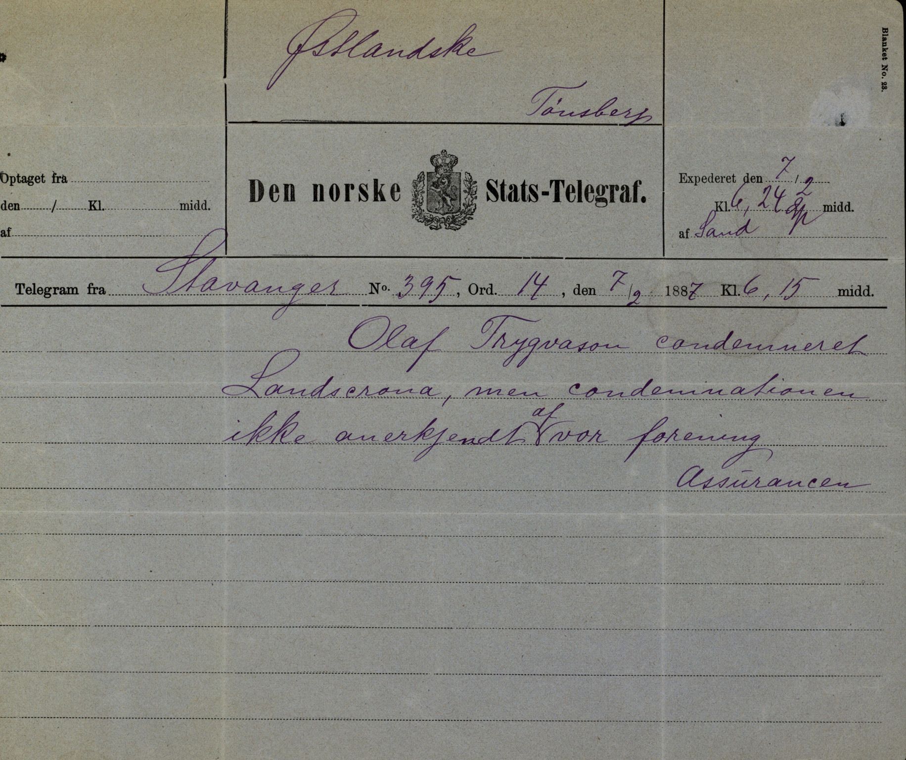 Pa 63 - Østlandske skibsassuranceforening, VEMU/A-1079/G/Ga/L0019/0006: Havaridokumenter / Sømand, Olaf Trygvason, Norden, Præsident, Protector, 1886, p. 9