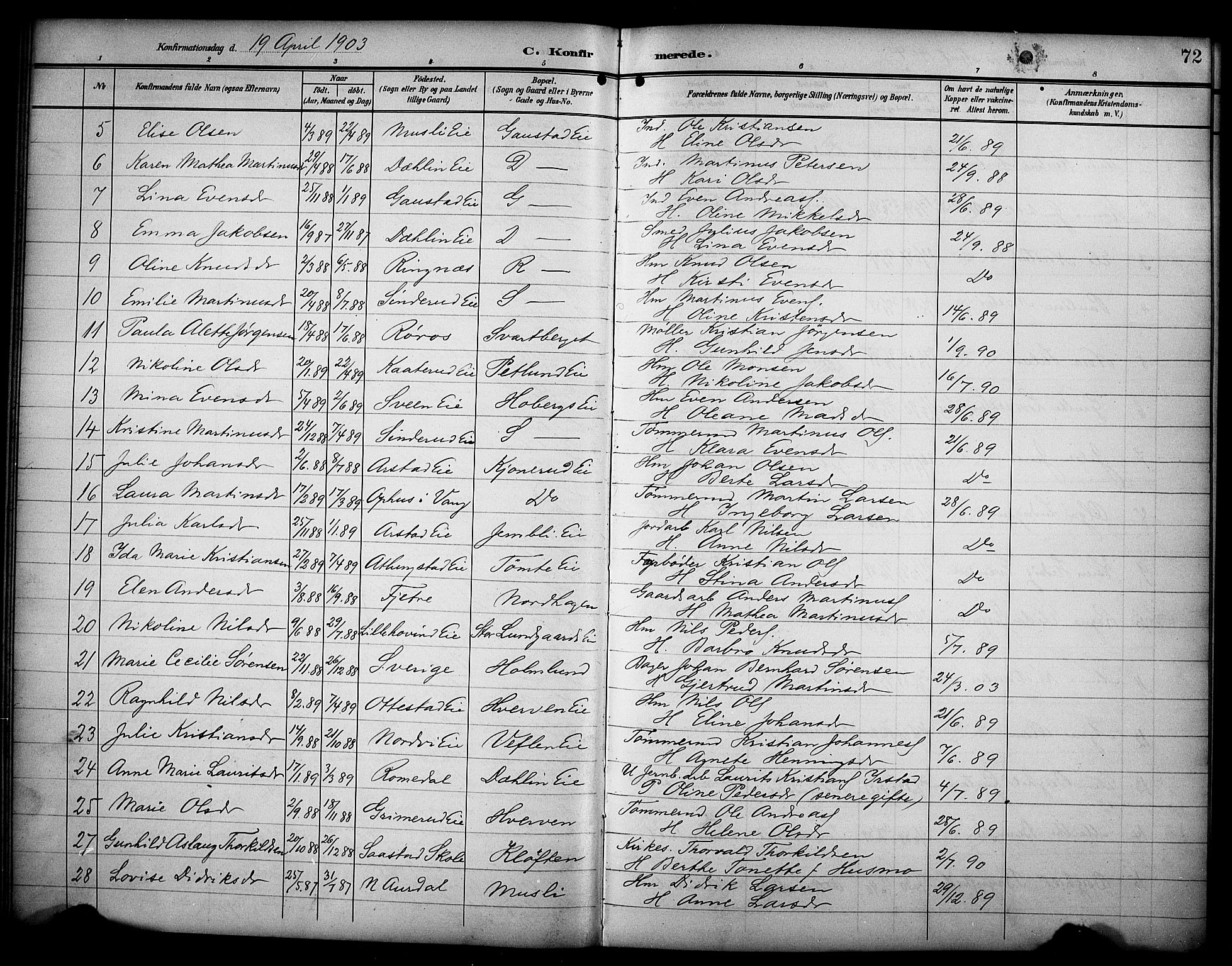 Stange prestekontor, AV/SAH-PREST-002/K/L0022: Parish register (official) no. 22, 1903-1914, p. 72