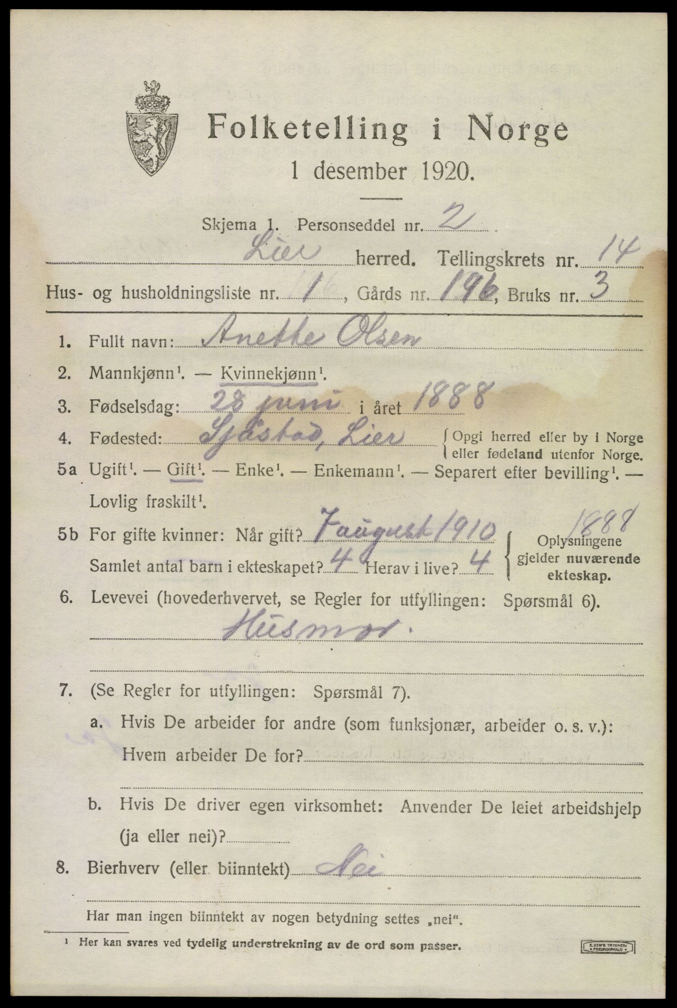 SAKO, 1920 census for Lier, 1920, p. 21922