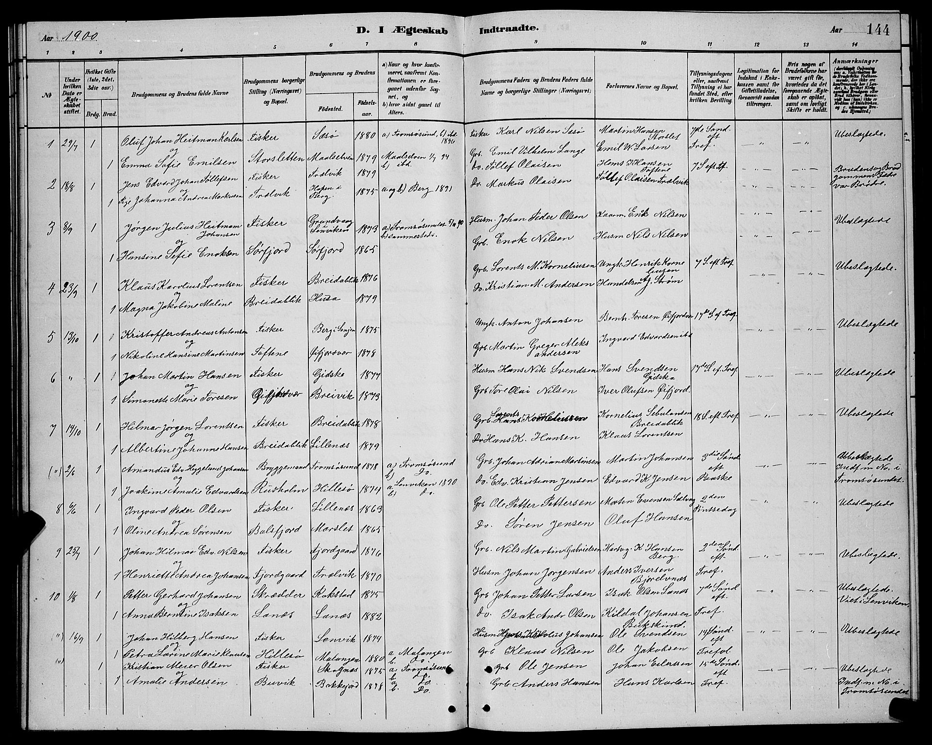 Lenvik sokneprestembete, SATØ/S-1310/H/Ha/Hab/L0021klokker: Parish register (copy) no. 21, 1884-1900, p. 144