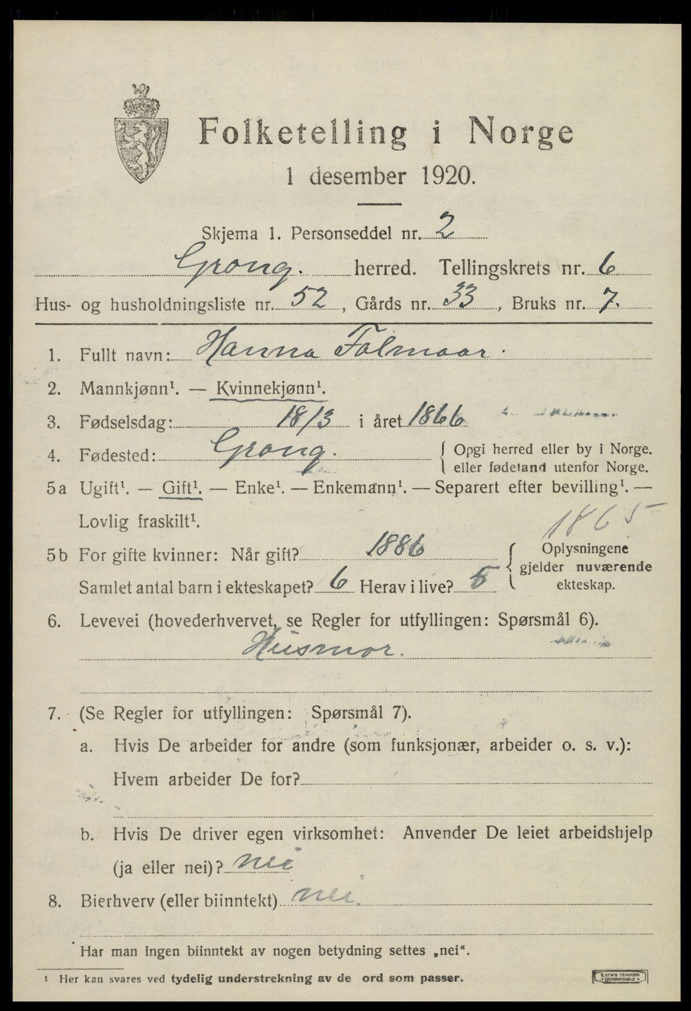 SAT, 1920 census for Grong, 1920, p. 4093