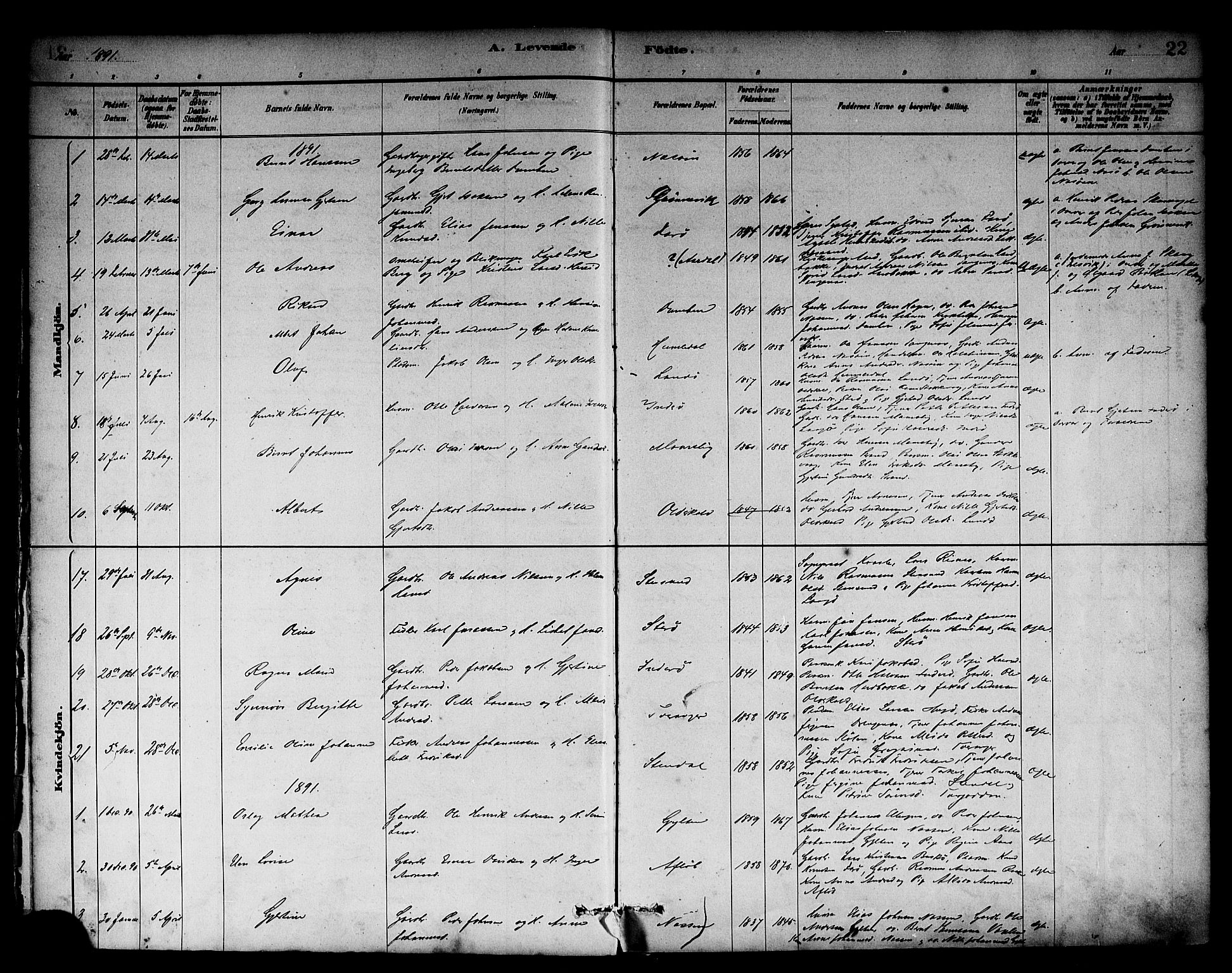 Solund sokneprestembete, SAB/A-81401: Parish register (official) no. A 1, 1881-1902, p. 22