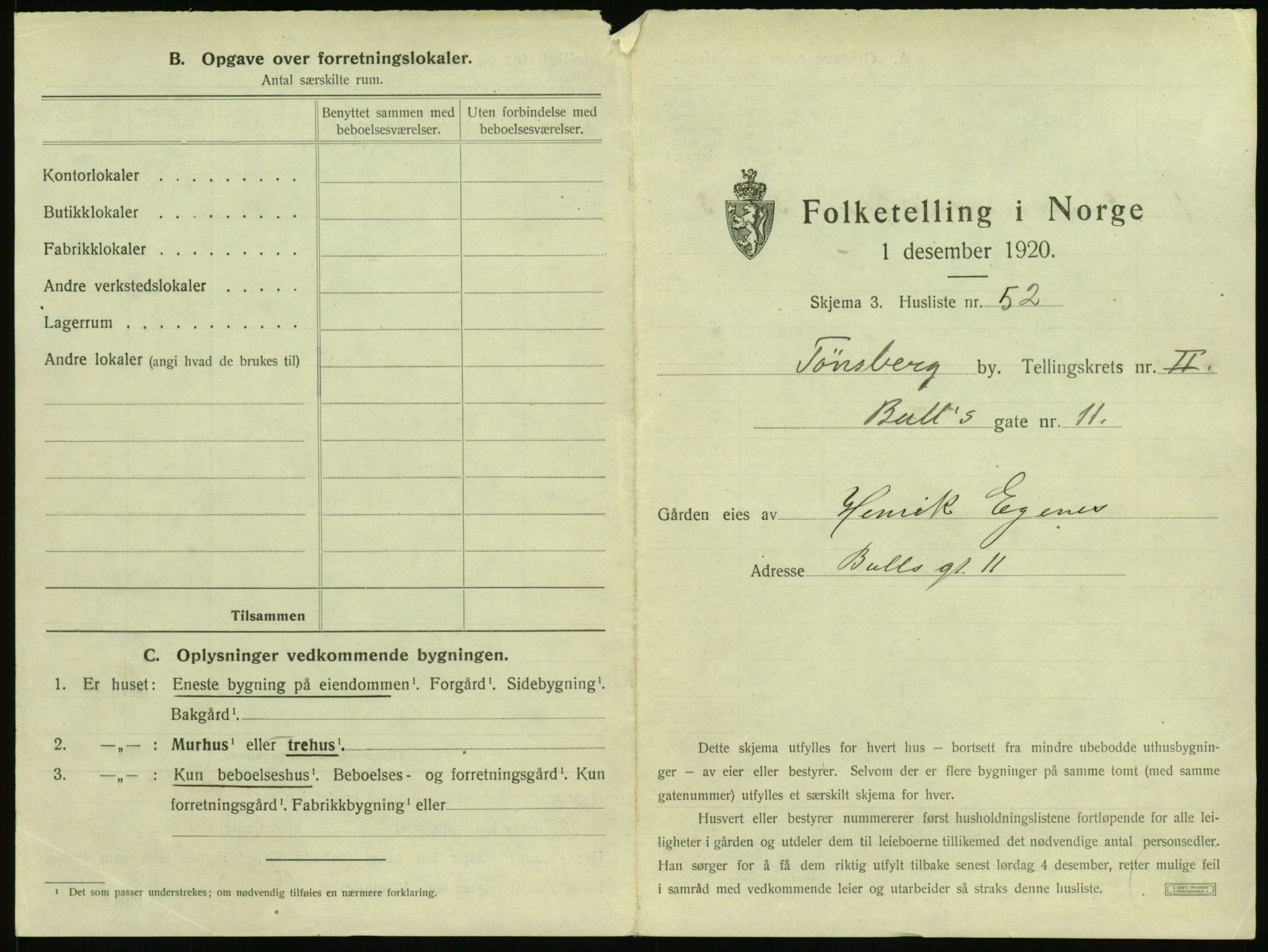 SAKO, 1920 census for Tønsberg, 1920, p. 291