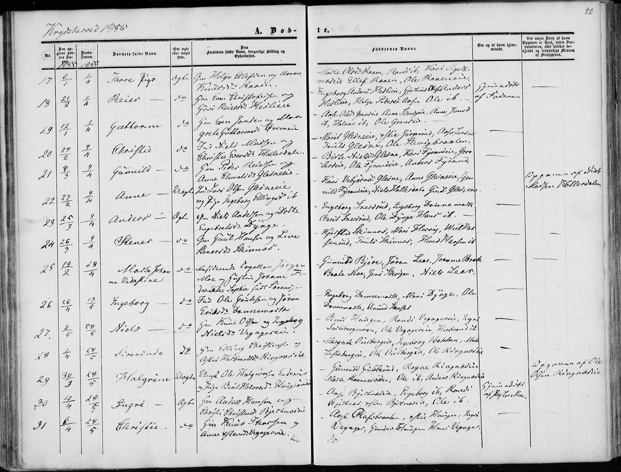 Sigdal kirkebøker, AV/SAKO-A-245/F/Fa/L0008: Parish register (official) no. I 8, 1850-1859, p. 92