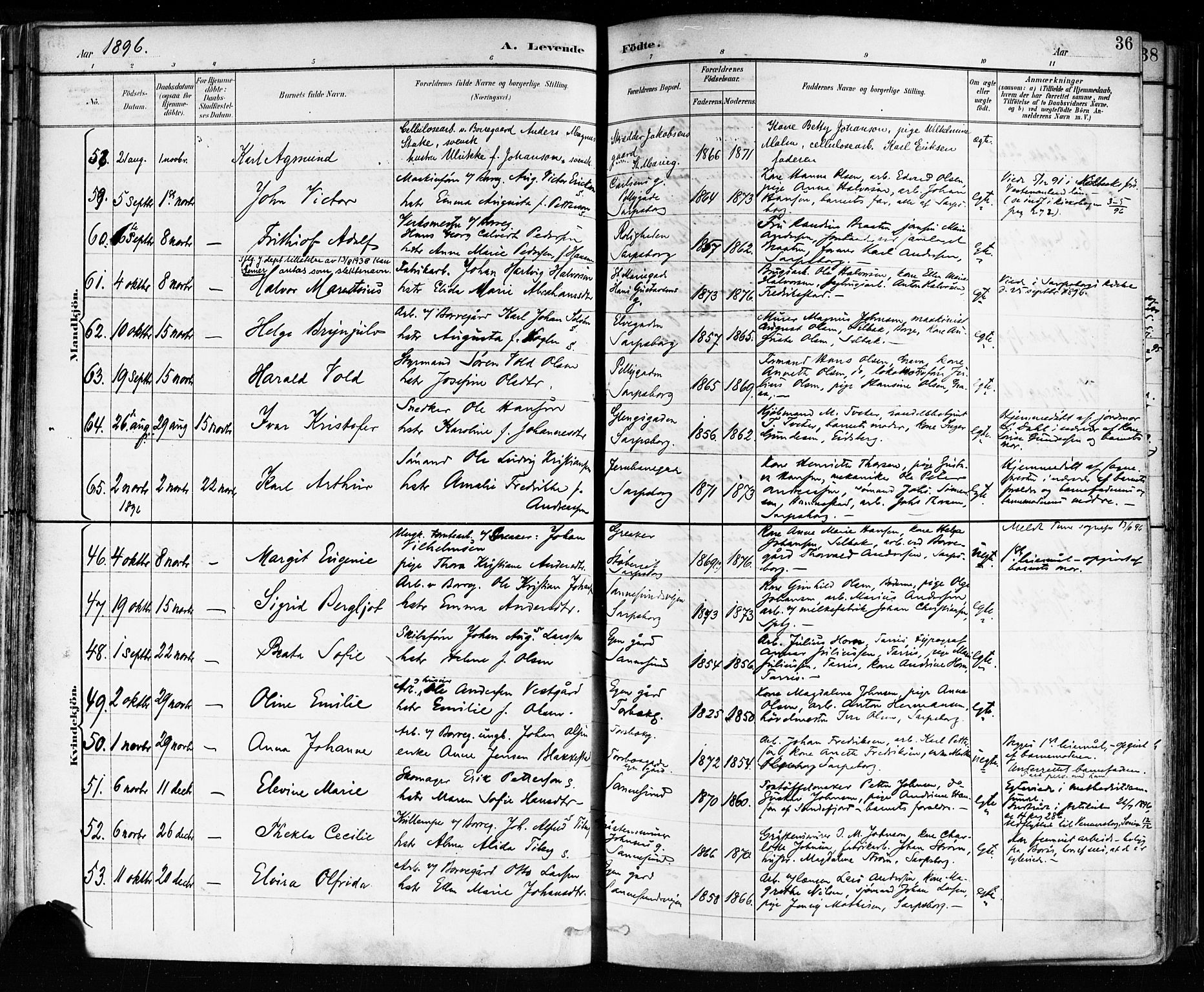 Sarpsborg prestekontor Kirkebøker, AV/SAO-A-2006/F/Fa/L0004: Parish register (official) no. 4, 1892-1899, p. 36