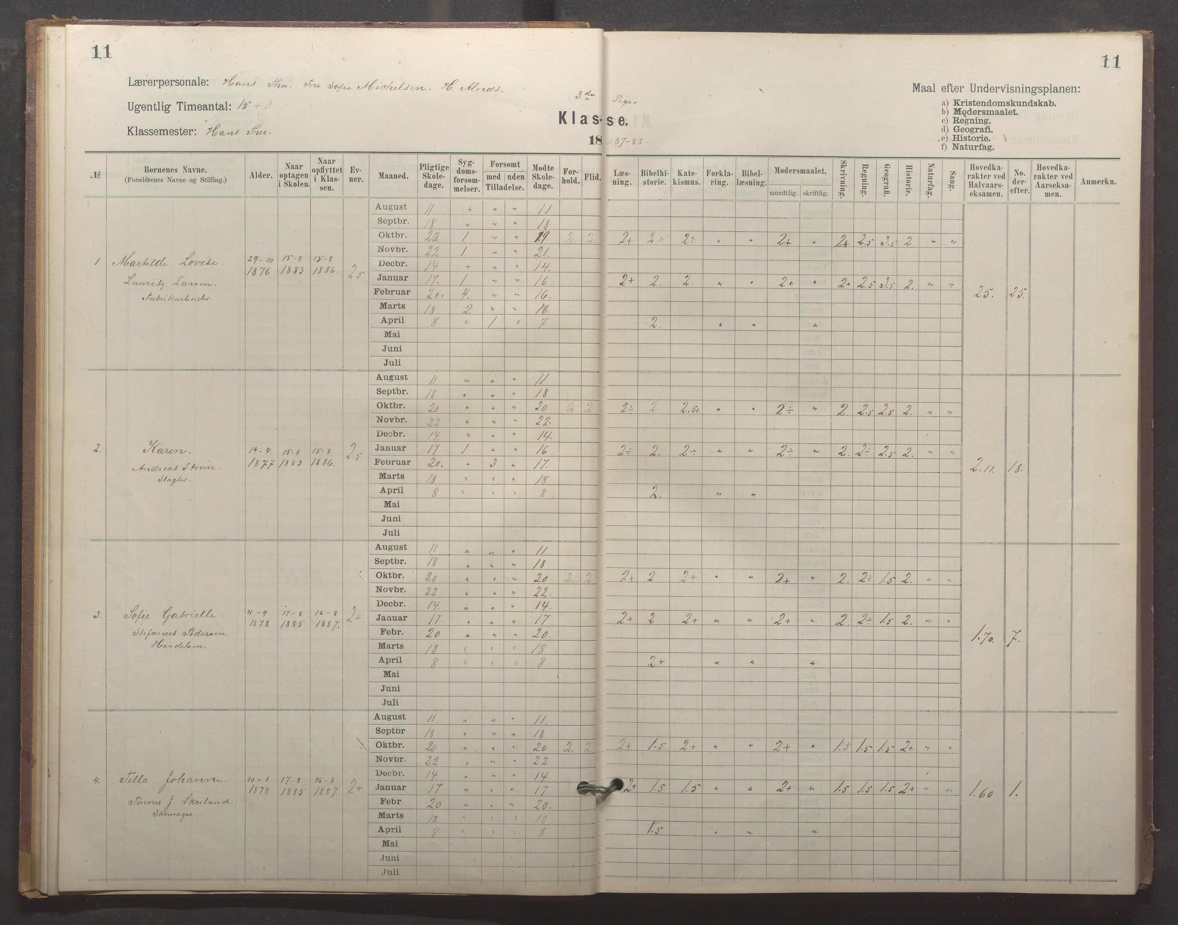 Egersund kommune (Ladested) - Egersund almueskole/folkeskole, IKAR/K-100521/H/L0024: Skoleprotokoll - Almueskolen, 3. klasse, 1887-1892, p. 11