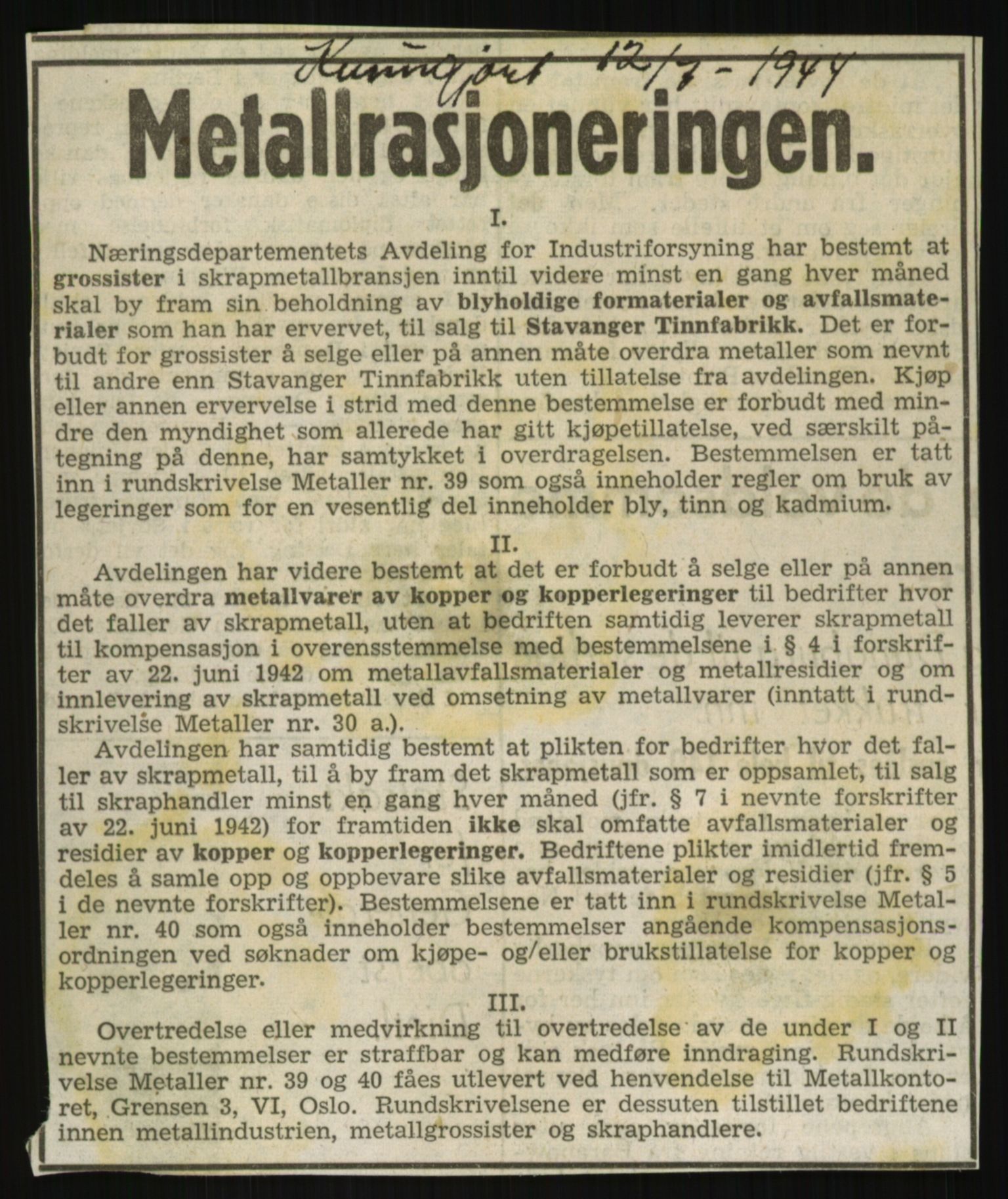 Direktoratet for industriforsyning, Sekretariatet, AV/RA-S-4153/D/Df/L0054: 9. Metallkontoret, 1940-1945, p. 1793