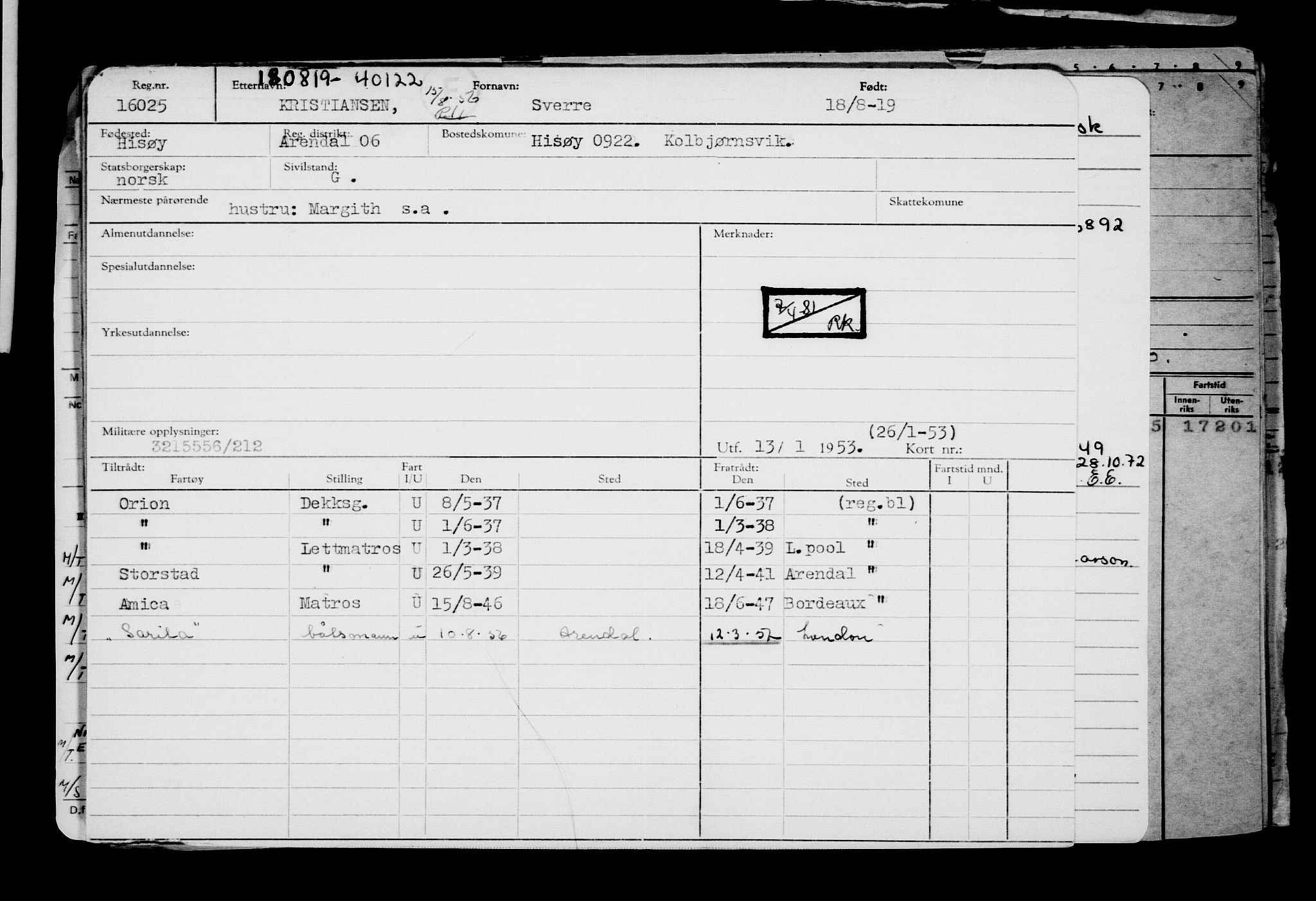 Direktoratet for sjømenn, RA/S-3545/G/Gb/L0171: Hovedkort, 1919, p. 156