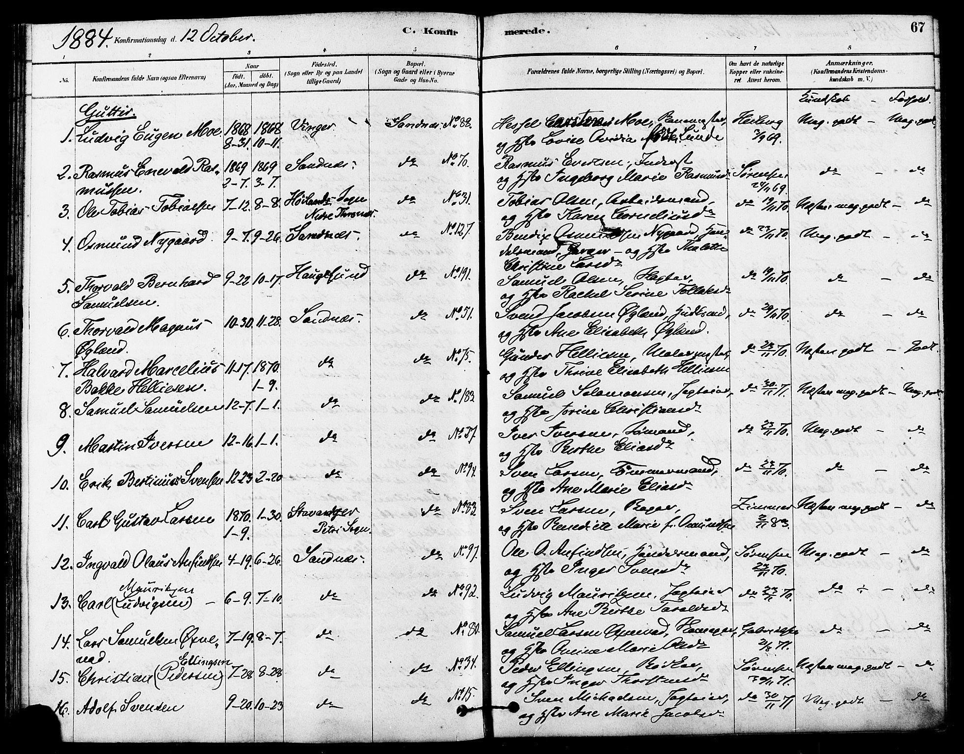 Høyland sokneprestkontor, SAST/A-101799/001/30BA/L0012: Parish register (official) no. A 11, 1878-1889, p. 67