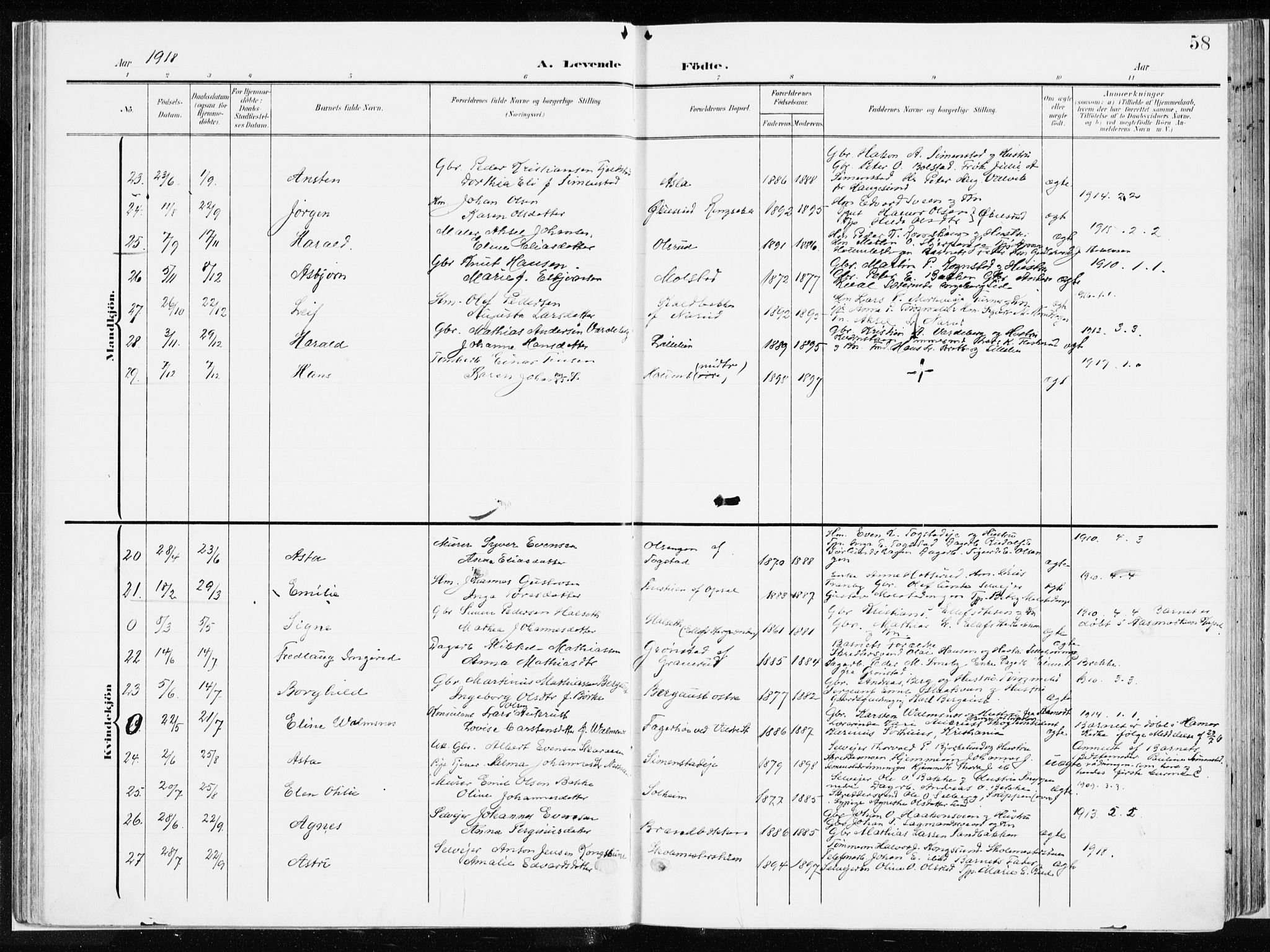 Ringsaker prestekontor, AV/SAH-PREST-014/K/Ka/L0019: Parish register (official) no. 19, 1905-1920, p. 58