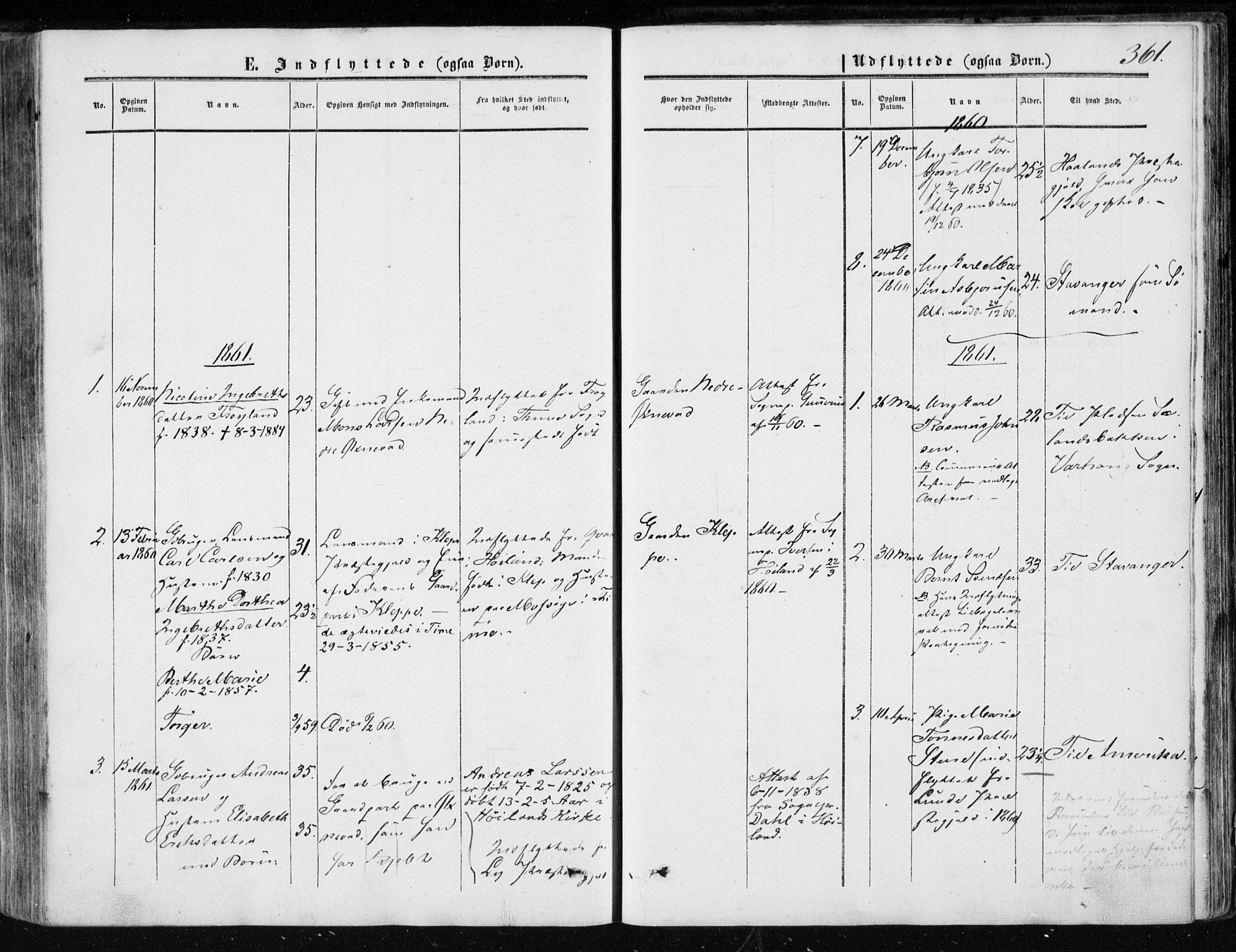 Klepp sokneprestkontor, SAST/A-101803/001/3/30BA/L0005: Parish register (official) no. A 5, 1853-1870, p. 361
