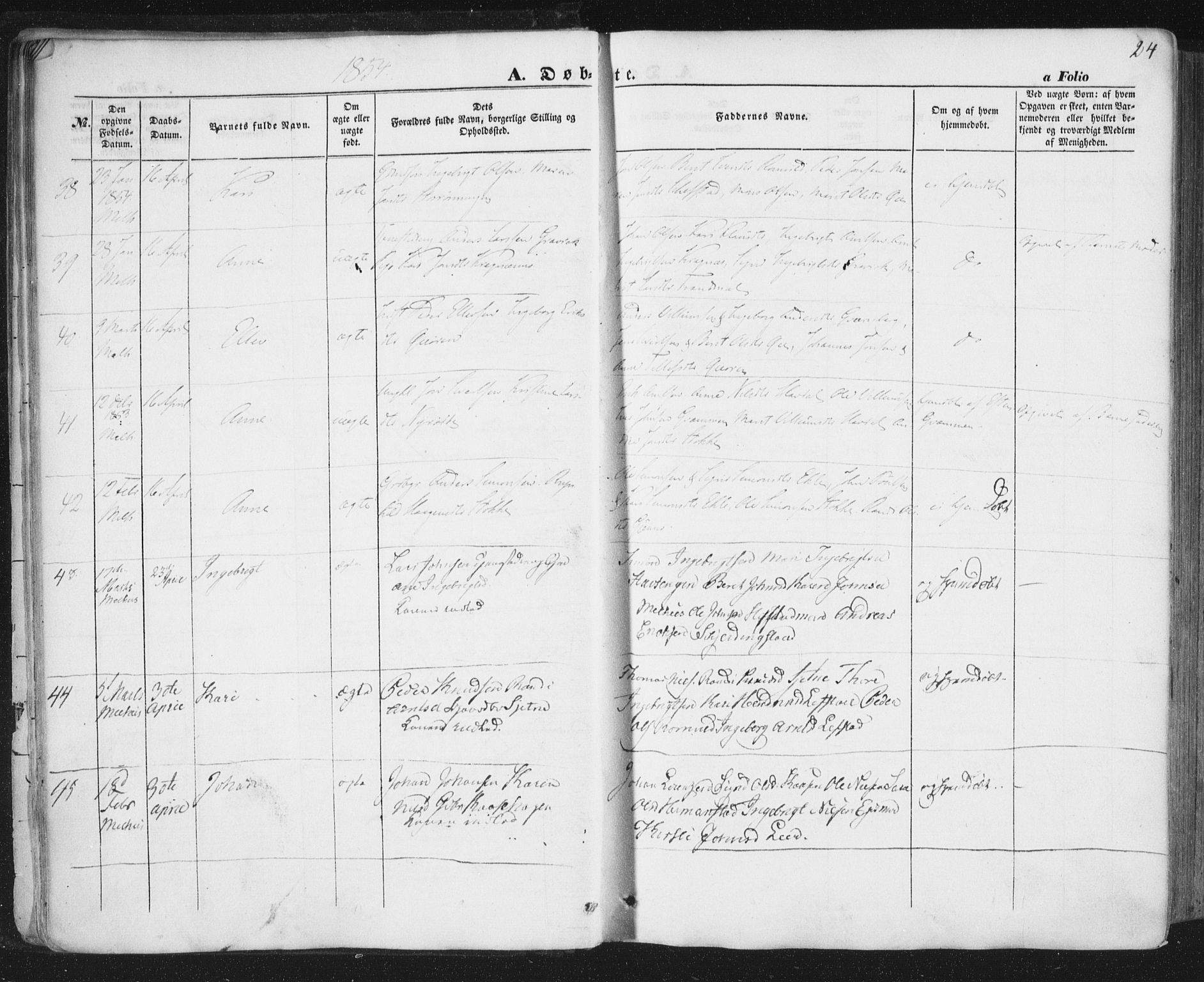 Ministerialprotokoller, klokkerbøker og fødselsregistre - Sør-Trøndelag, AV/SAT-A-1456/691/L1076: Parish register (official) no. 691A08, 1852-1861, p. 24