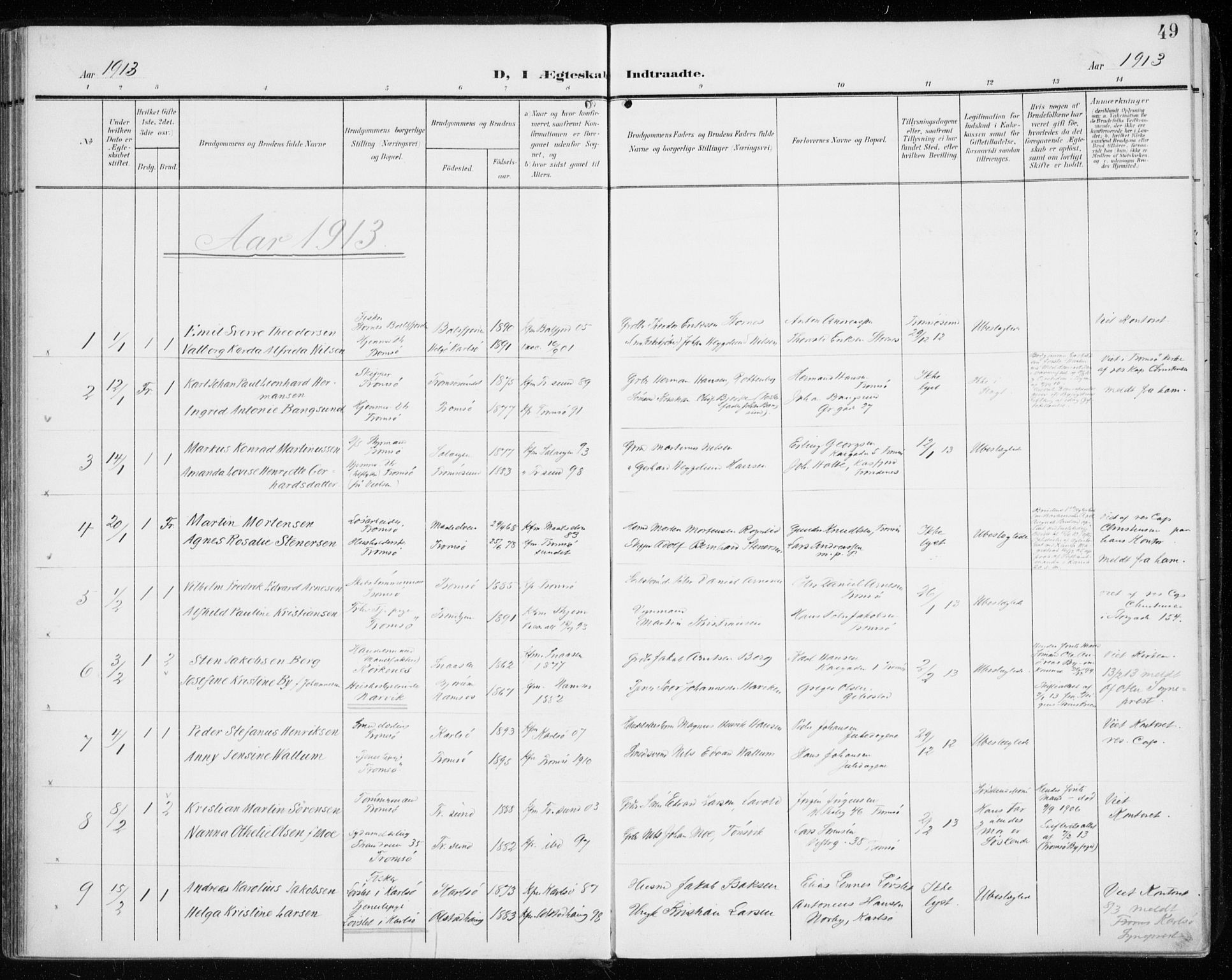 Tromsø sokneprestkontor/stiftsprosti/domprosti, SATØ/S-1343/G/Ga/L0018kirke: Parish register (official) no. 18, 1907-1917, p. 49