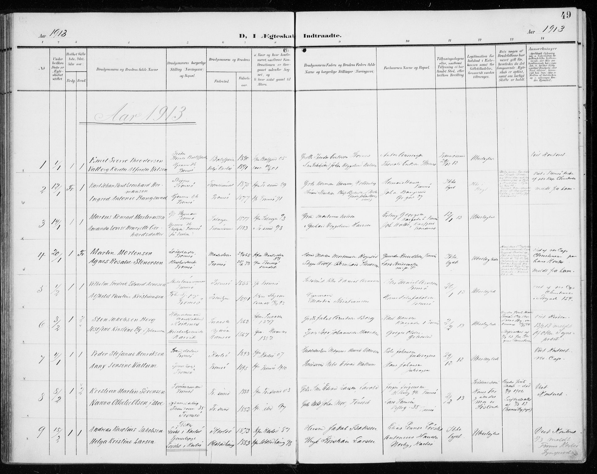 Tromsø sokneprestkontor/stiftsprosti/domprosti, AV/SATØ-S-1343/G/Ga/L0018kirke: Parish register (official) no. 18, 1907-1917, p. 49