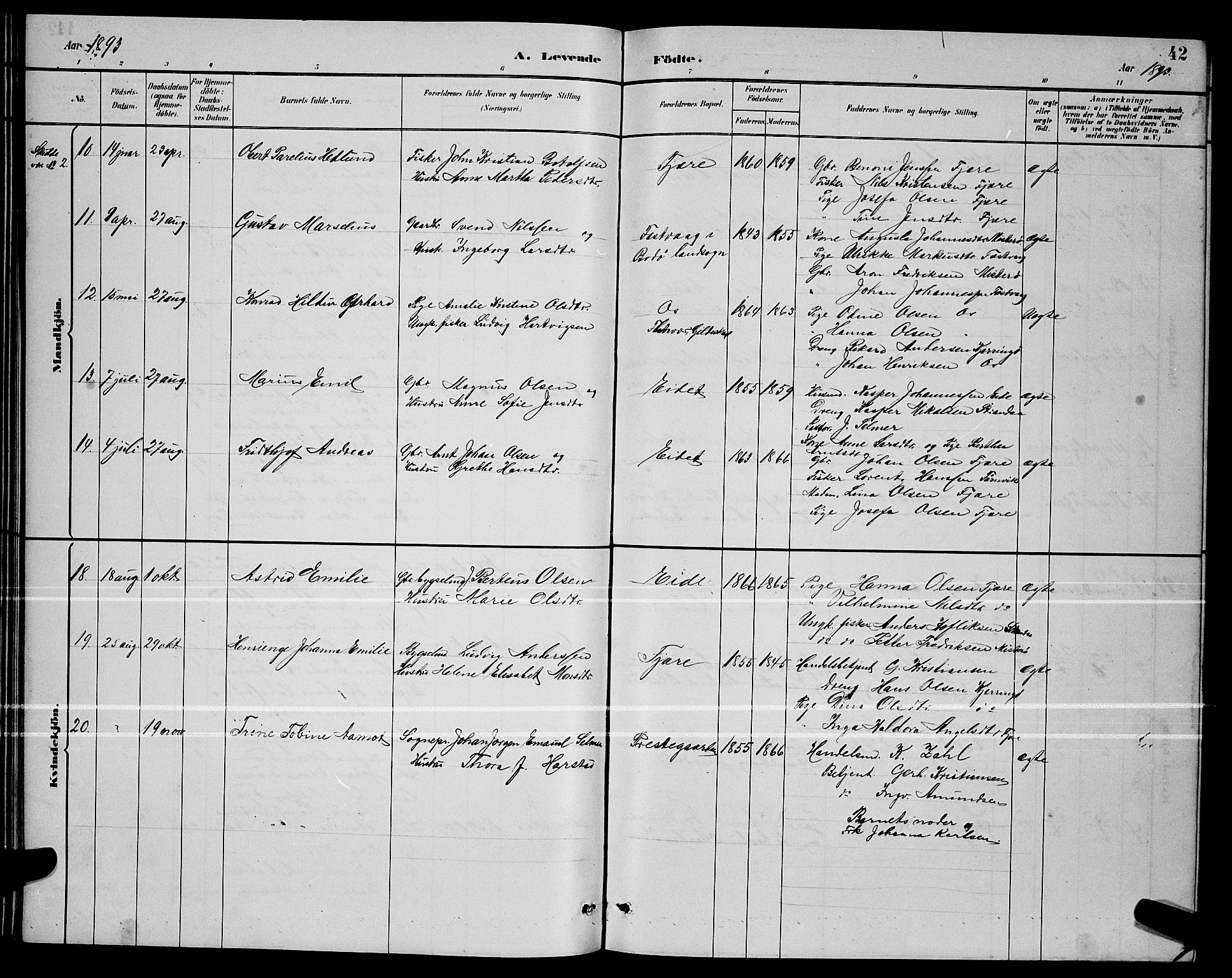 Ministerialprotokoller, klokkerbøker og fødselsregistre - Nordland, SAT/A-1459/803/L0076: Parish register (copy) no. 803C03, 1882-1897, p. 42