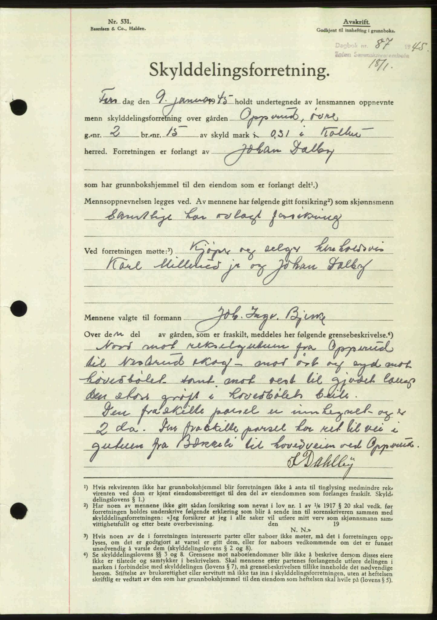 Toten tingrett, SAH/TING-006/H/Hb/Hbc/L0013: Mortgage book no. Hbc-13, 1945-1945, Diary no: : 87/1945