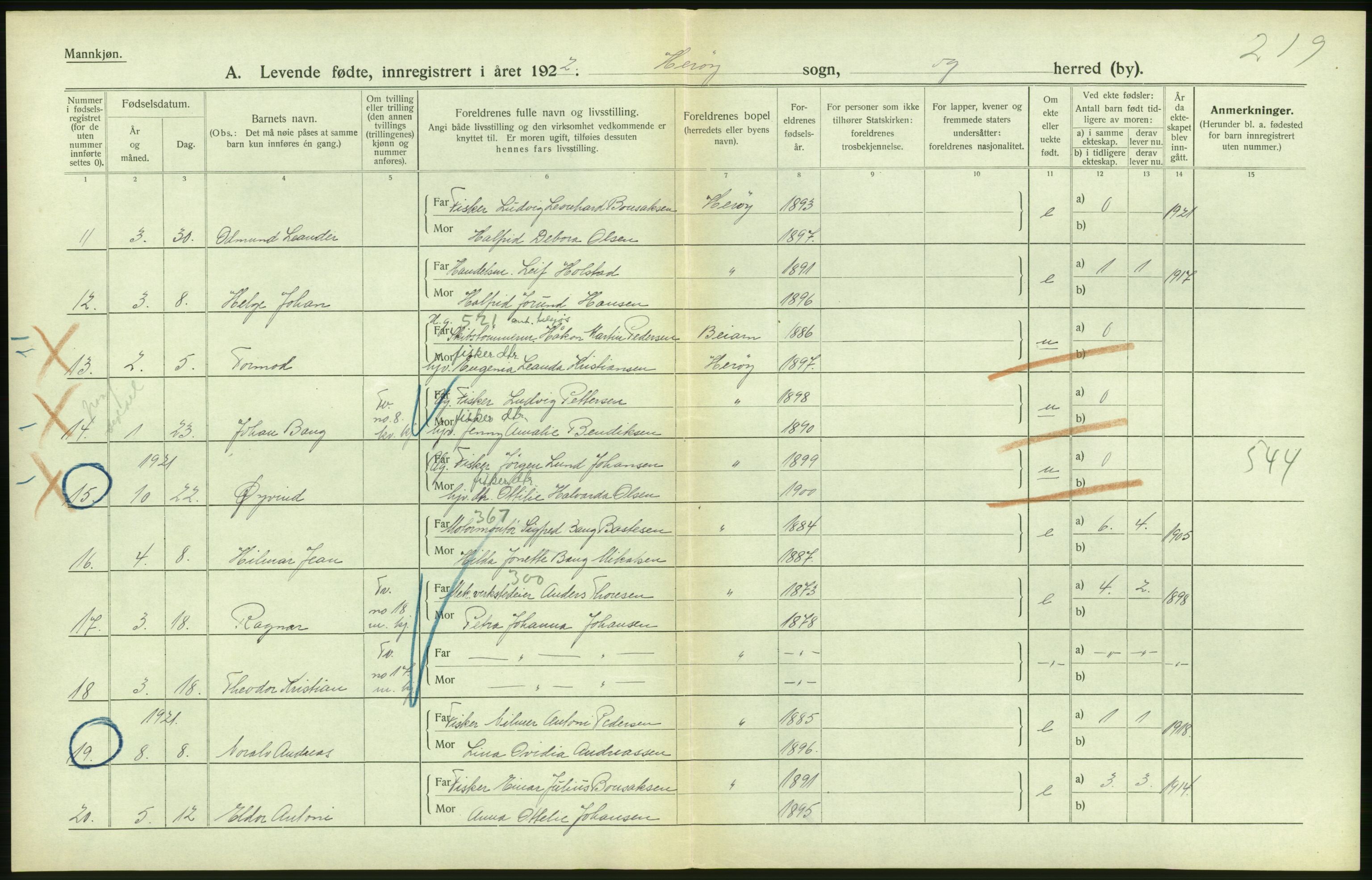 Statistisk sentralbyrå, Sosiodemografiske emner, Befolkning, AV/RA-S-2228/D/Df/Dfc/Dfcb/L0044: Nordland fylke: Levendefødte menn og kvinner. Bygder og byer., 1922, p. 182