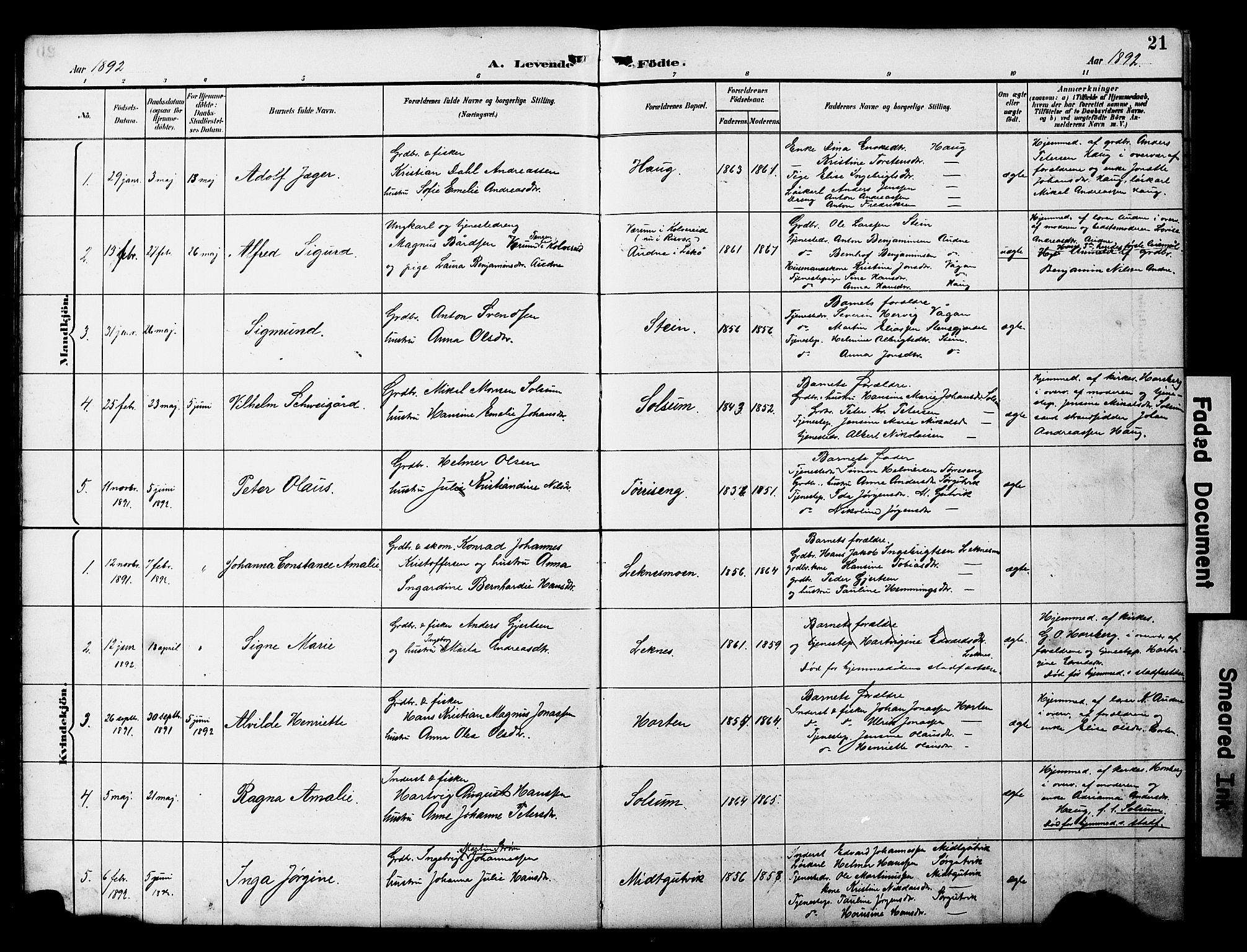 Ministerialprotokoller, klokkerbøker og fødselsregistre - Nord-Trøndelag, SAT/A-1458/788/L0701: Parish register (copy) no. 788C01, 1888-1913, p. 21