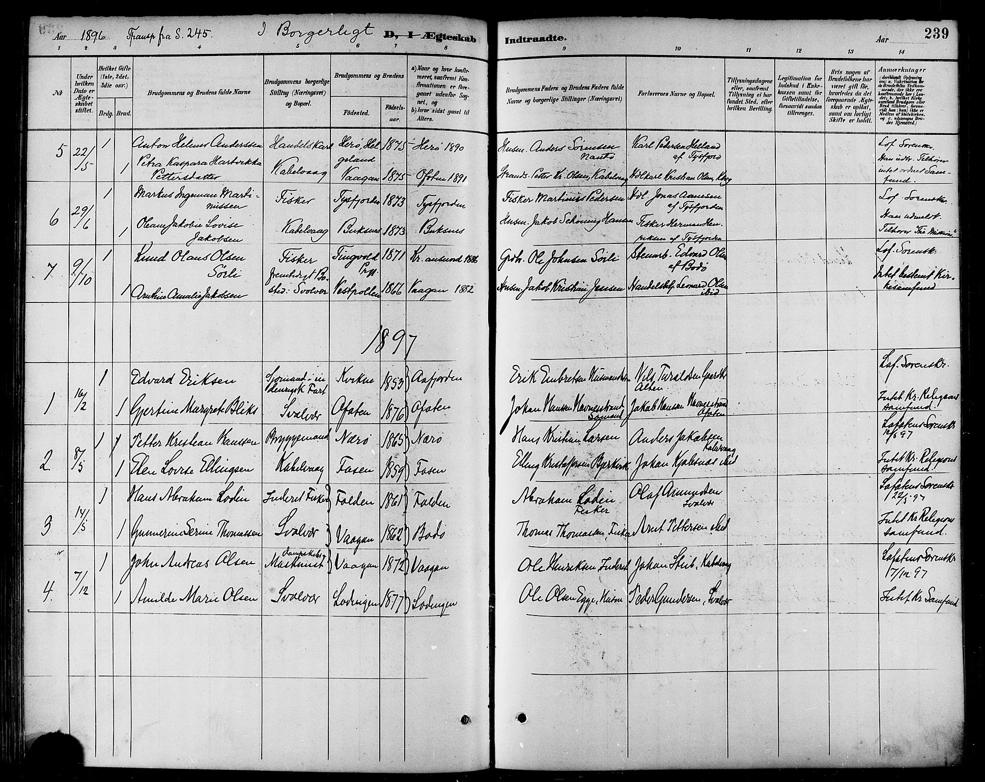 Ministerialprotokoller, klokkerbøker og fødselsregistre - Nordland, SAT/A-1459/874/L1060: Parish register (official) no. 874A04, 1890-1899, p. 239