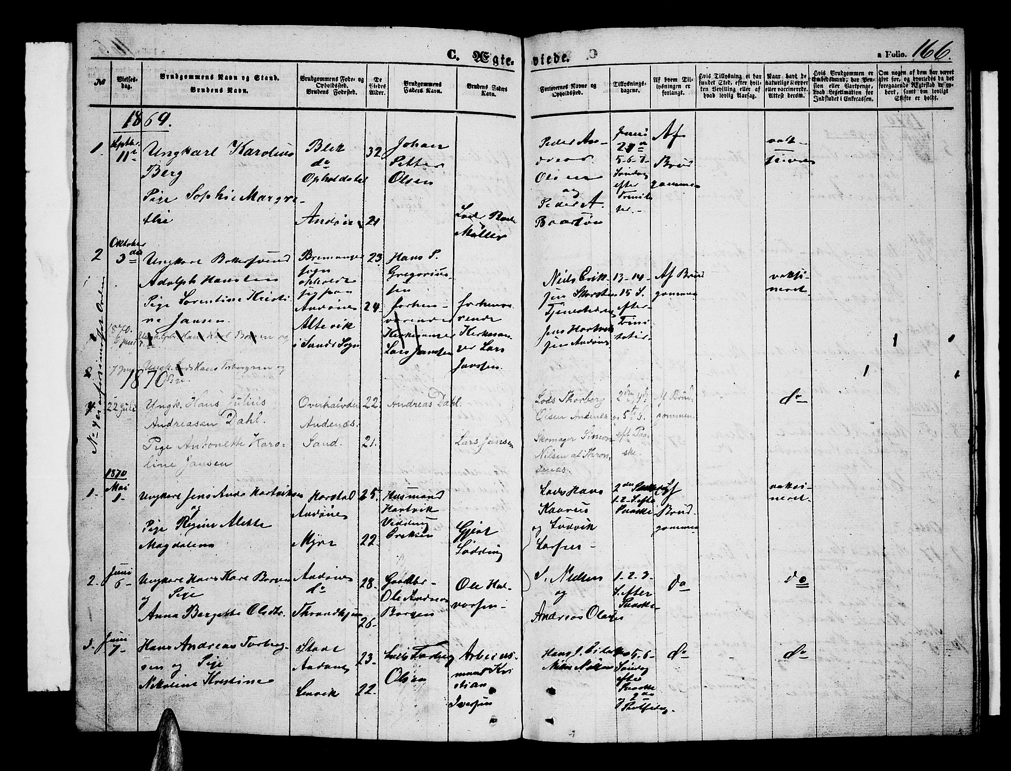 Ministerialprotokoller, klokkerbøker og fødselsregistre - Nordland, SAT/A-1459/899/L1447: Parish register (copy) no. 899C02, 1855-1886, p. 166